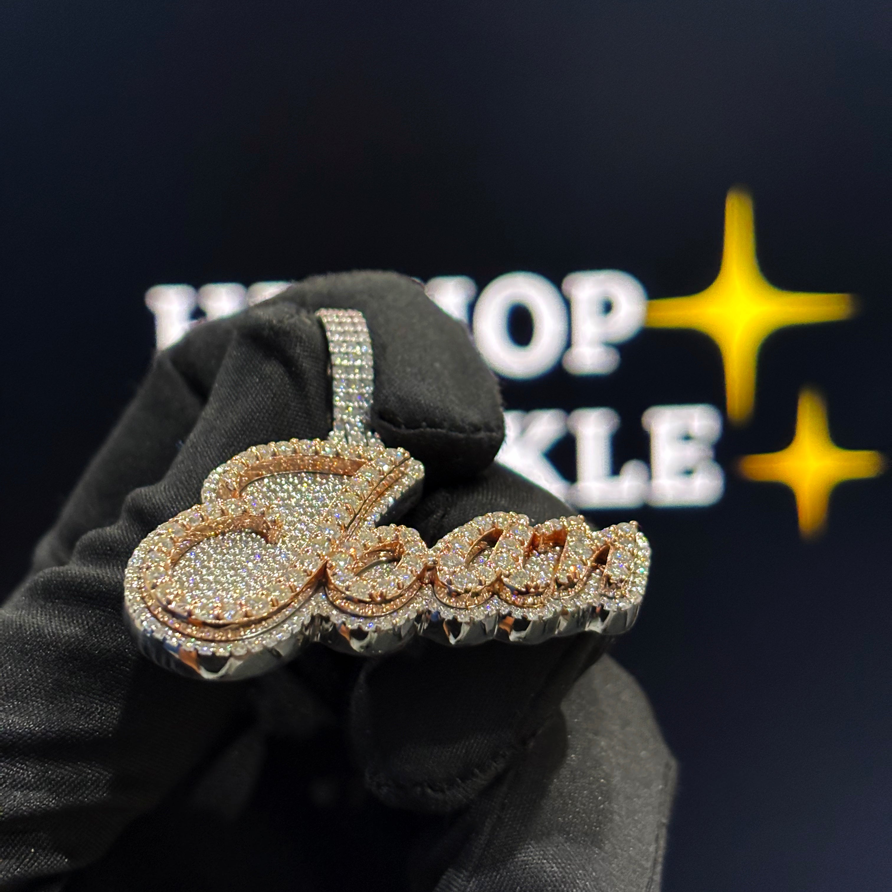 Personalized Joan Pendant – Two Tone Rose Gold & Silver, 1.9 Inch Moissanite Custom Name Hip Hop Chain Jewelry