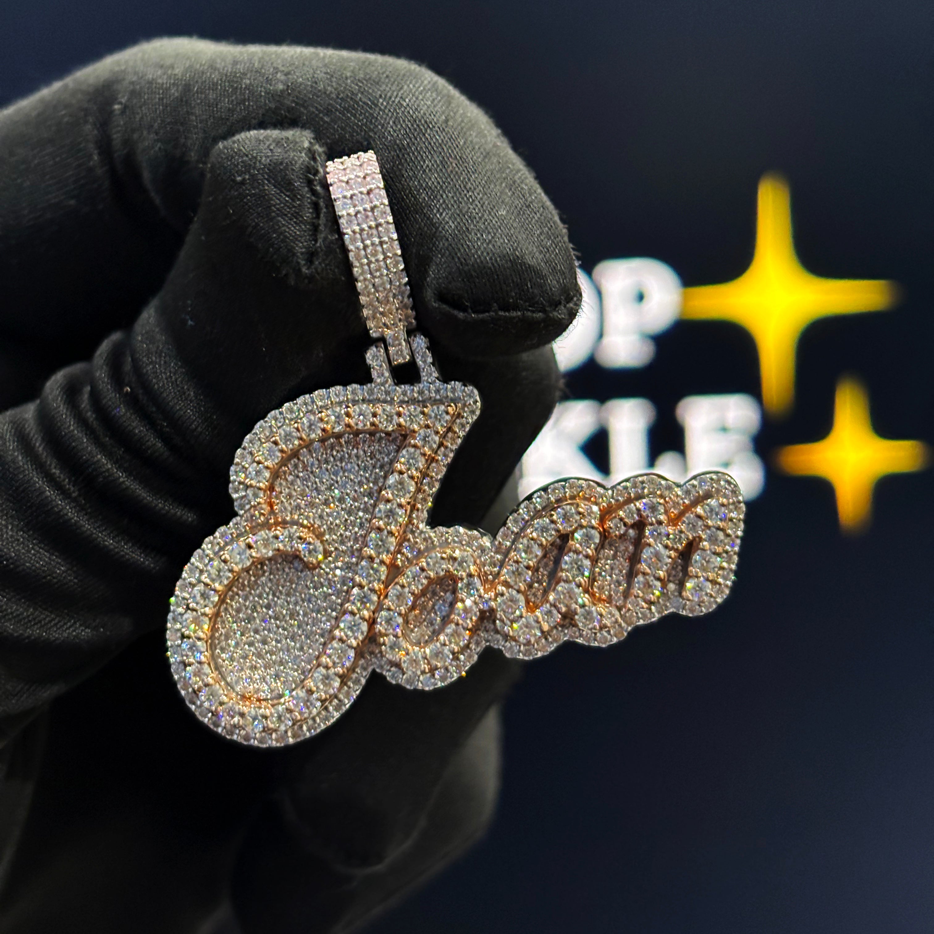 Joan custom name pendant, two-tone silver and rose gold, iced out with VVS moissanite diamonds, 1.9 inch hip hop jewelry.