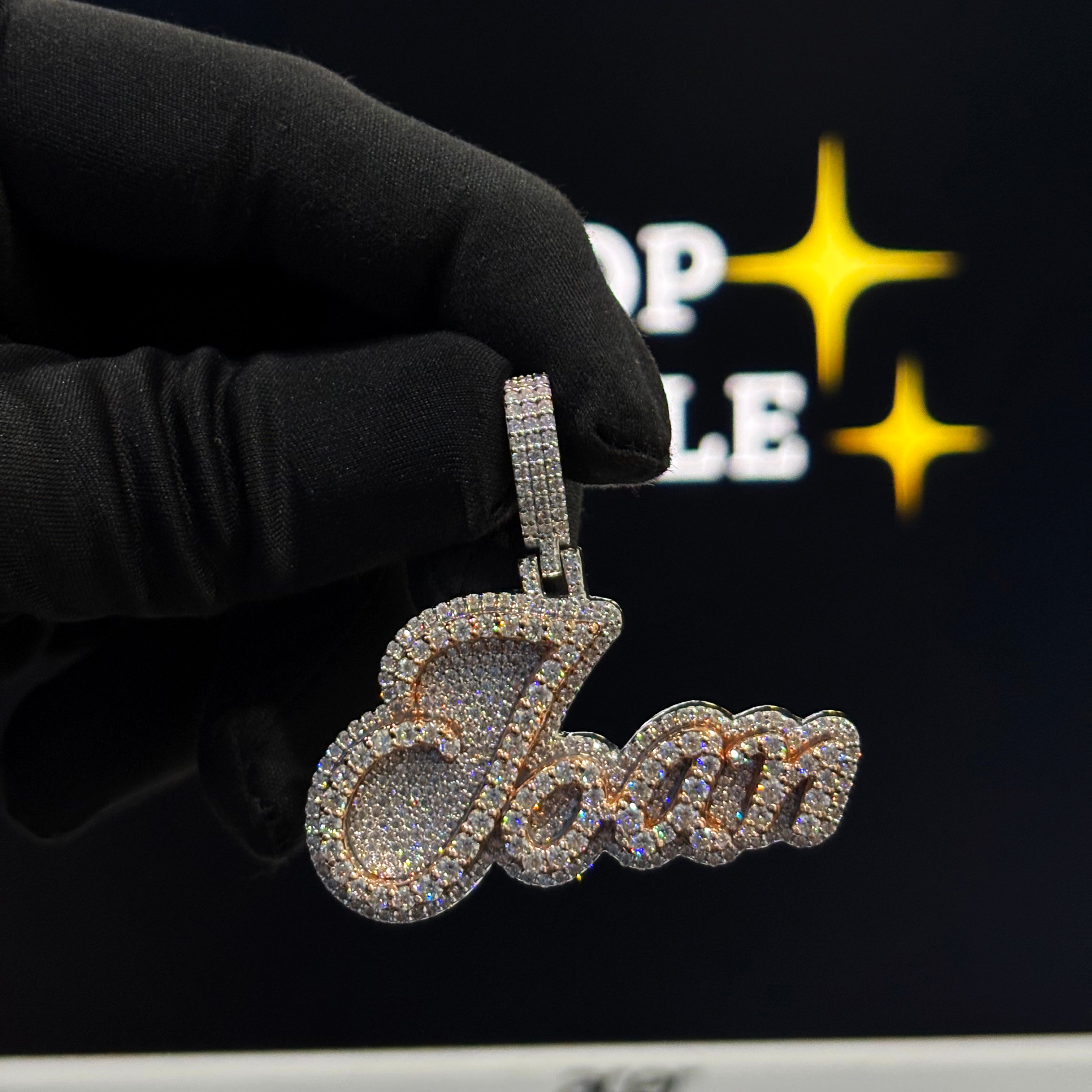 Personalized Joan Pendant – Two Tone Rose Gold & Silver, 1.9 Inch Moissanite Custom Name Hip Hop Chain Jewelry