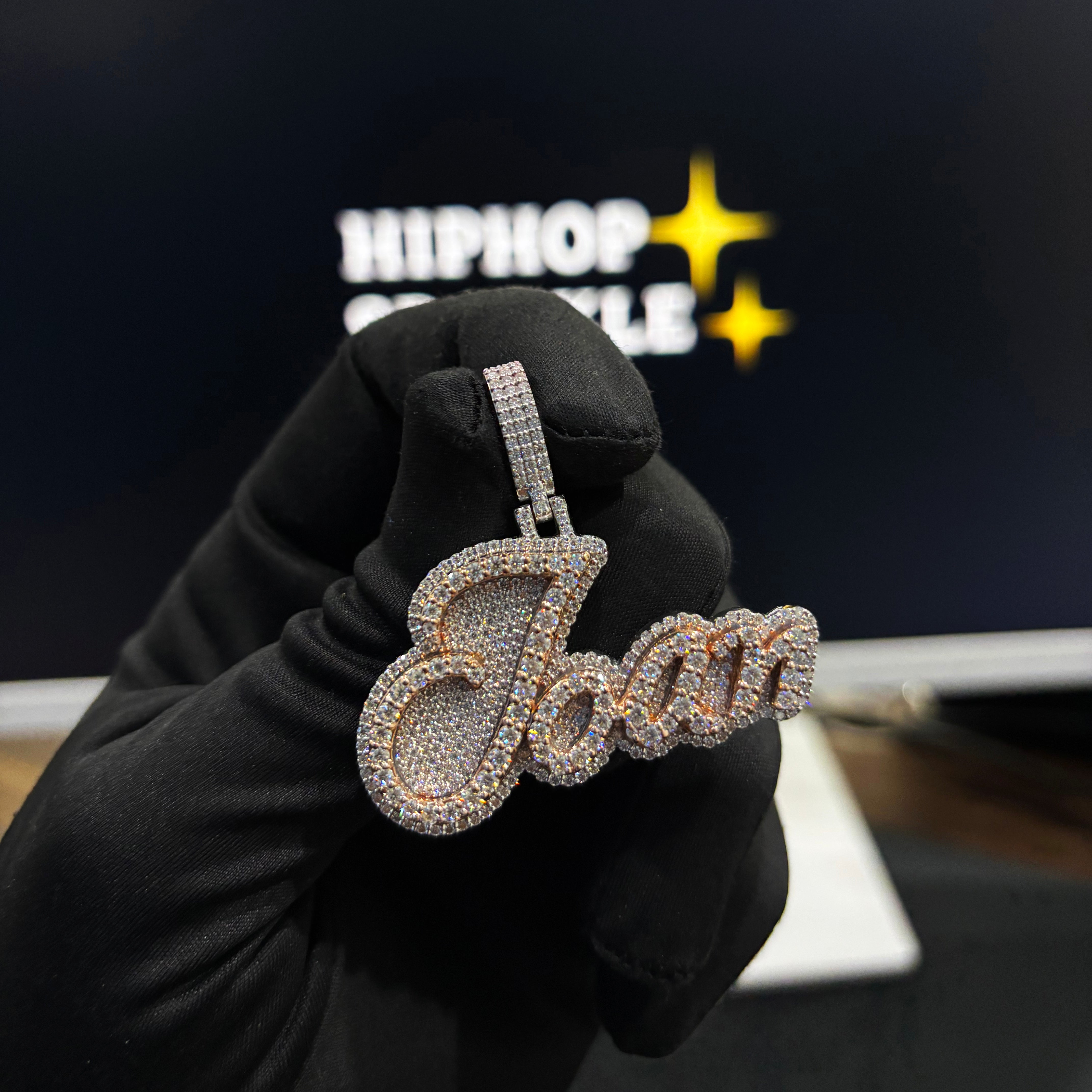 Personalized Joan Pendant – Two Tone Rose Gold & Silver, 1.9 Inch Moissanite Custom Name Hip Hop Chain Jewelry