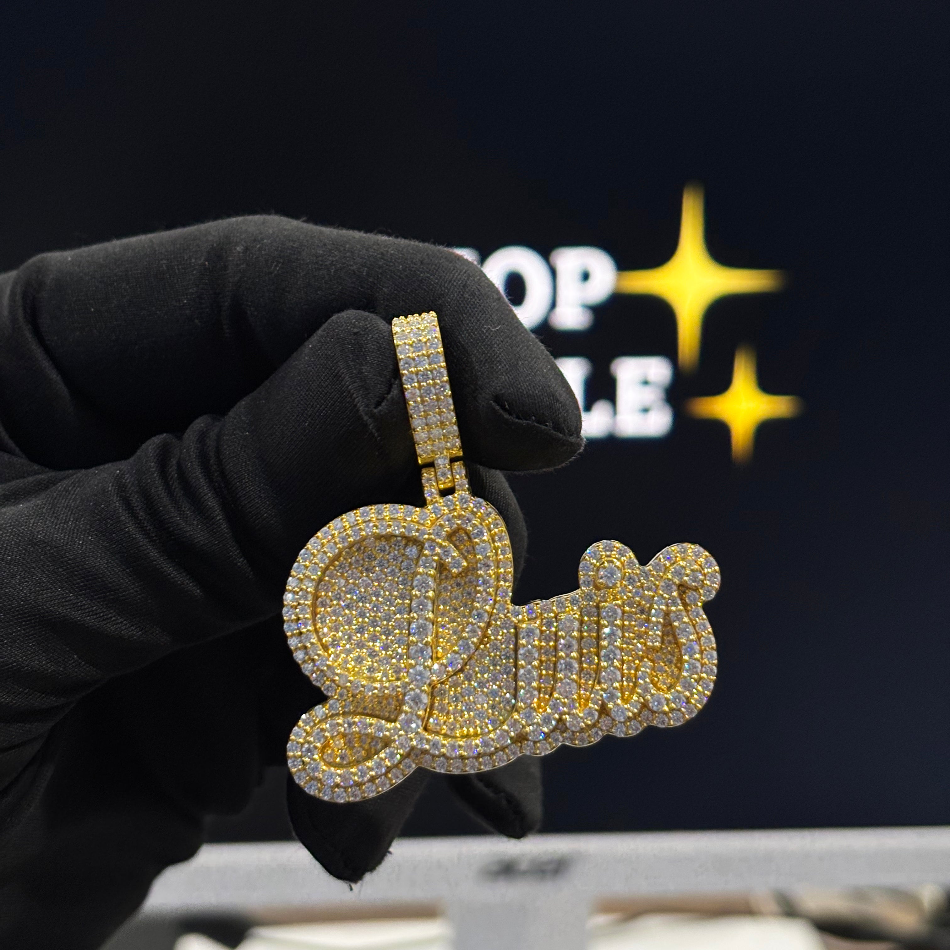 Luis custom name pendant in cursive double-layer design, 925 silver with 14K gold plating, iced out with VVS moissanite diamonds, 2 inch size, hip hop jewelry.
