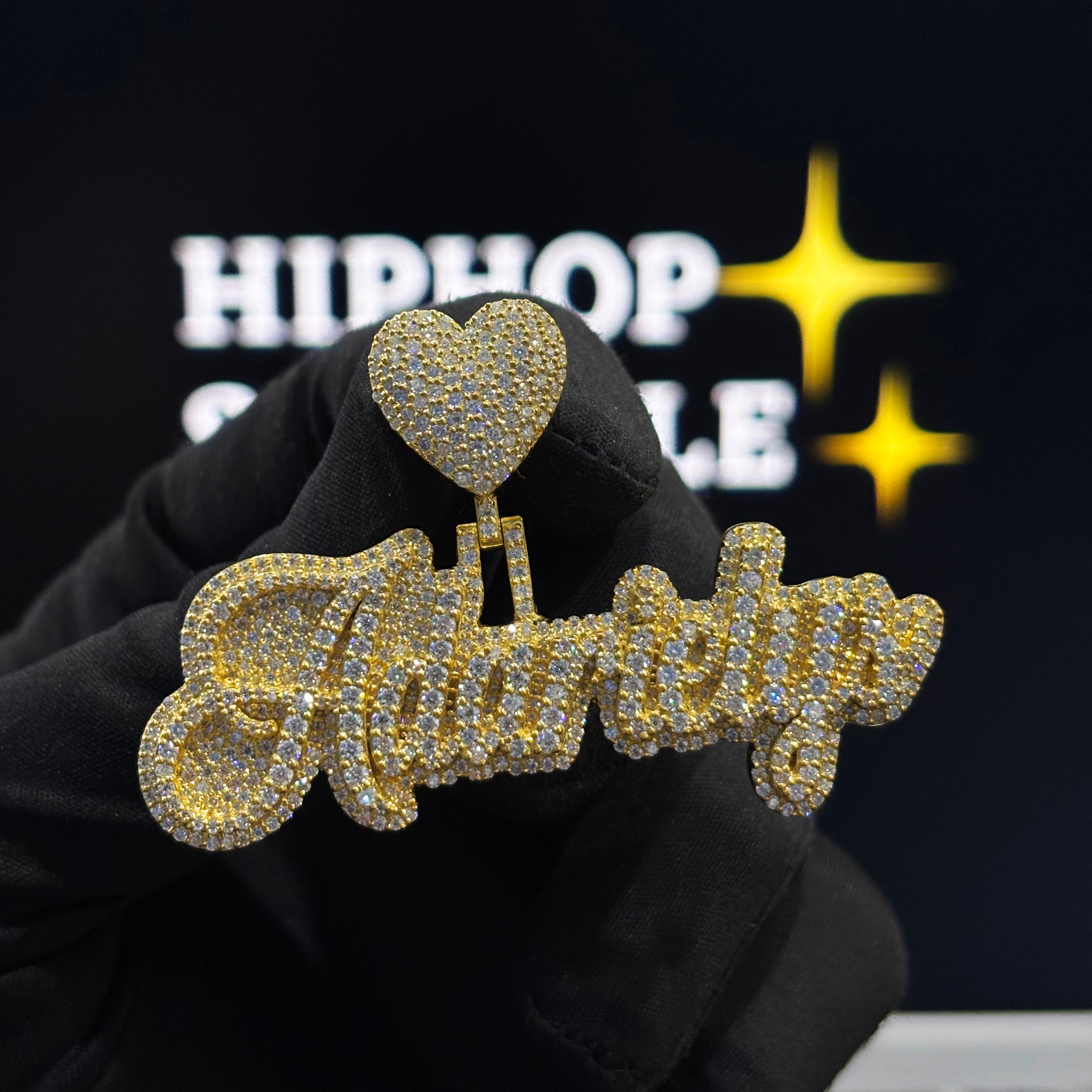 Adarielys custom name pendant in double-layer cursive design, 14K gold plated 925 silver, iced out with VVS moissanite diamonds, 2.5 inch size, heart bail, hip hop jewelry.