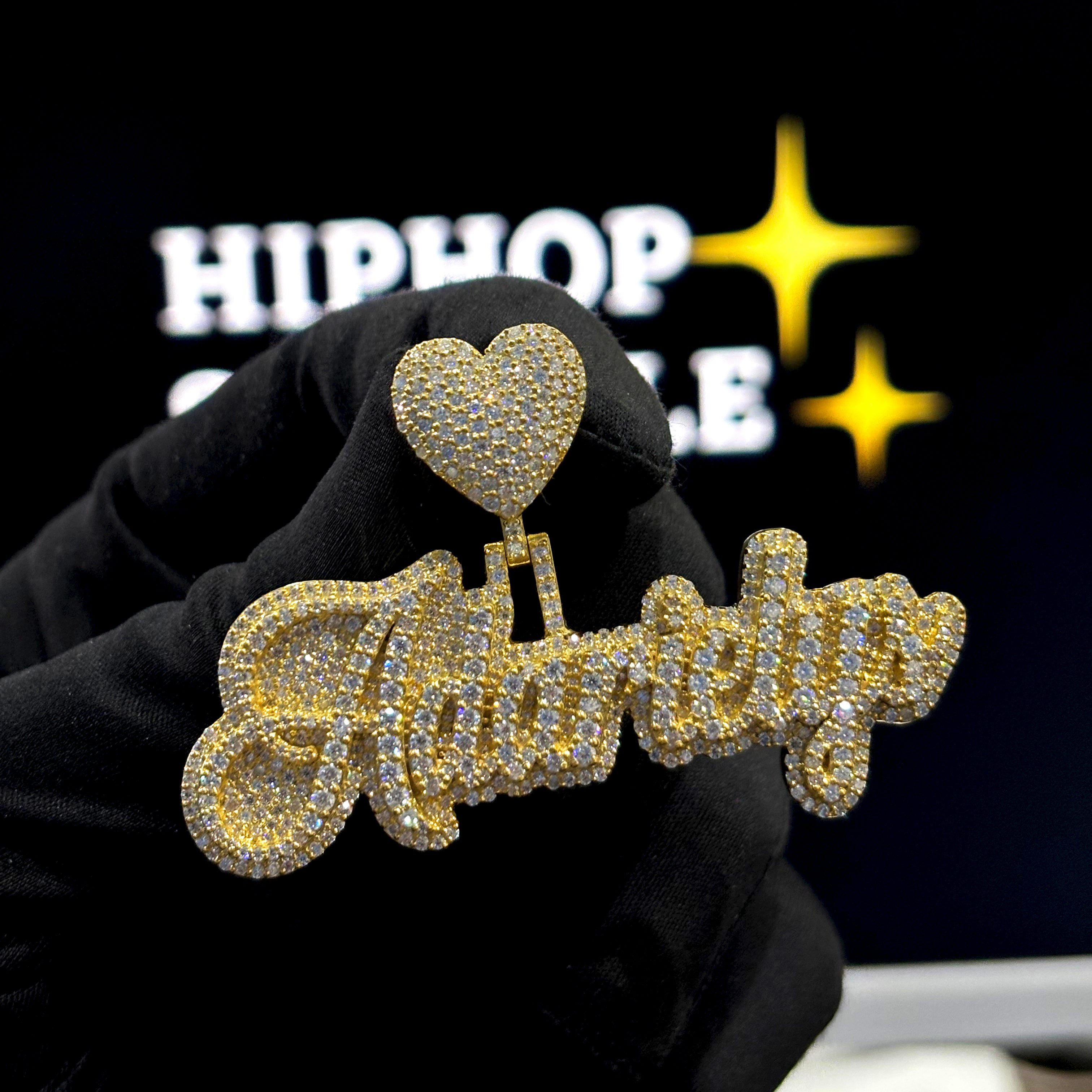 Adarielys Custom Name Pendant – Double Layer Cursive, 14K Gold Plated with VVS Moissanite & Heart Bail (2.5")