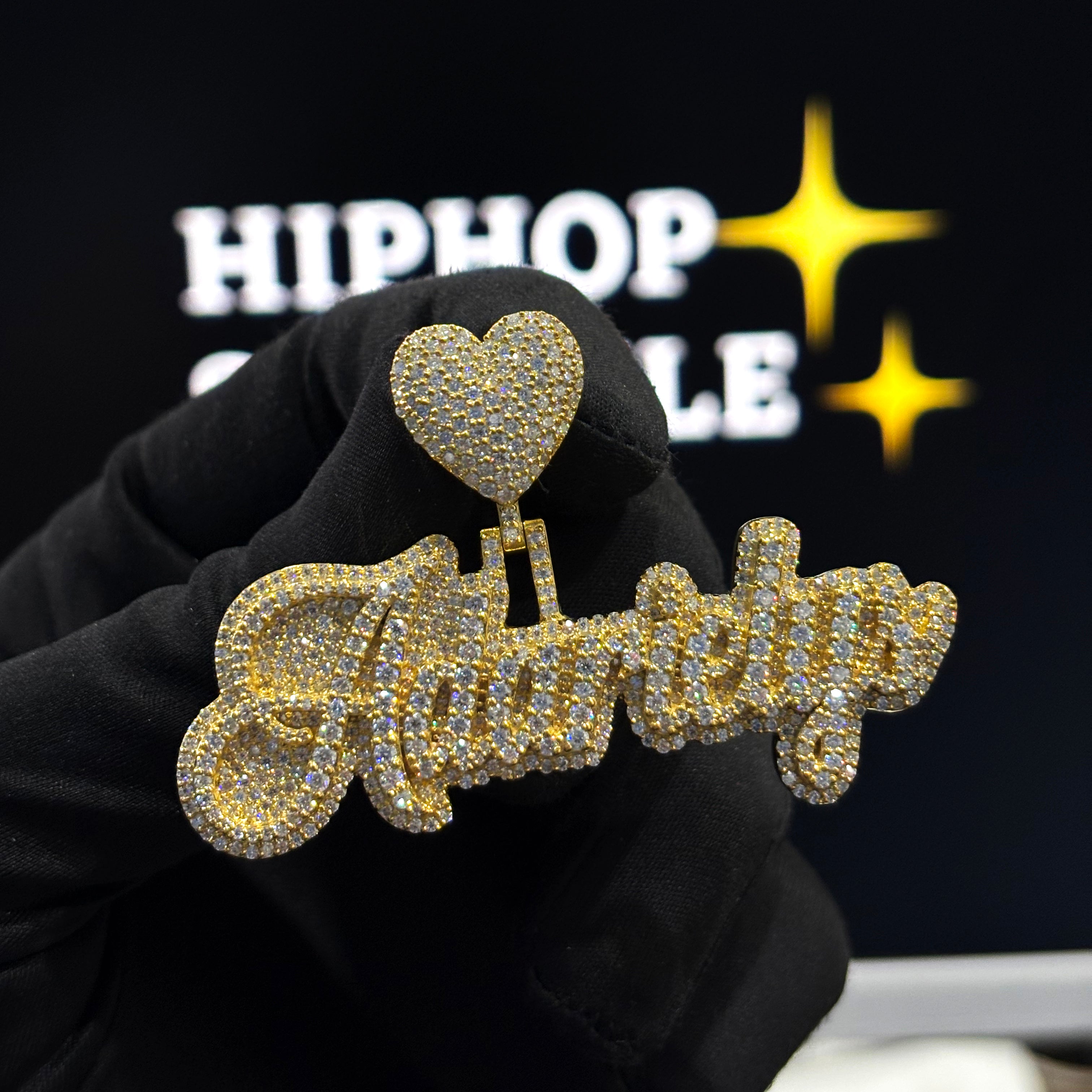 Adarielys Custom Name Pendant – Double Layer Cursive, 14K Gold Plated with VVS Moissanite & Heart Bail (2.5")