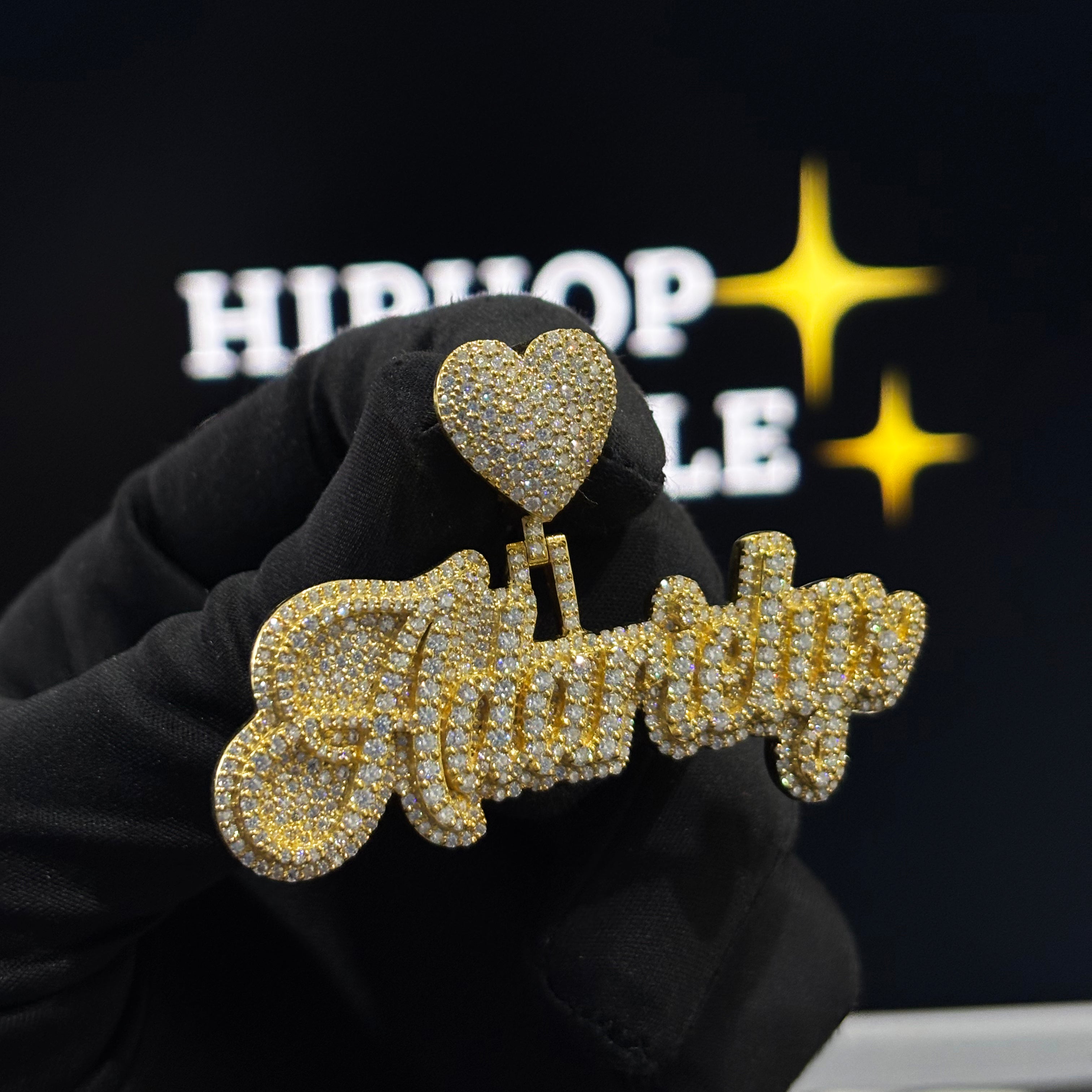 Adarielys Custom Name Pendant – Double Layer Cursive, 14K Gold Plated with VVS Moissanite & Heart Bail (2.5")