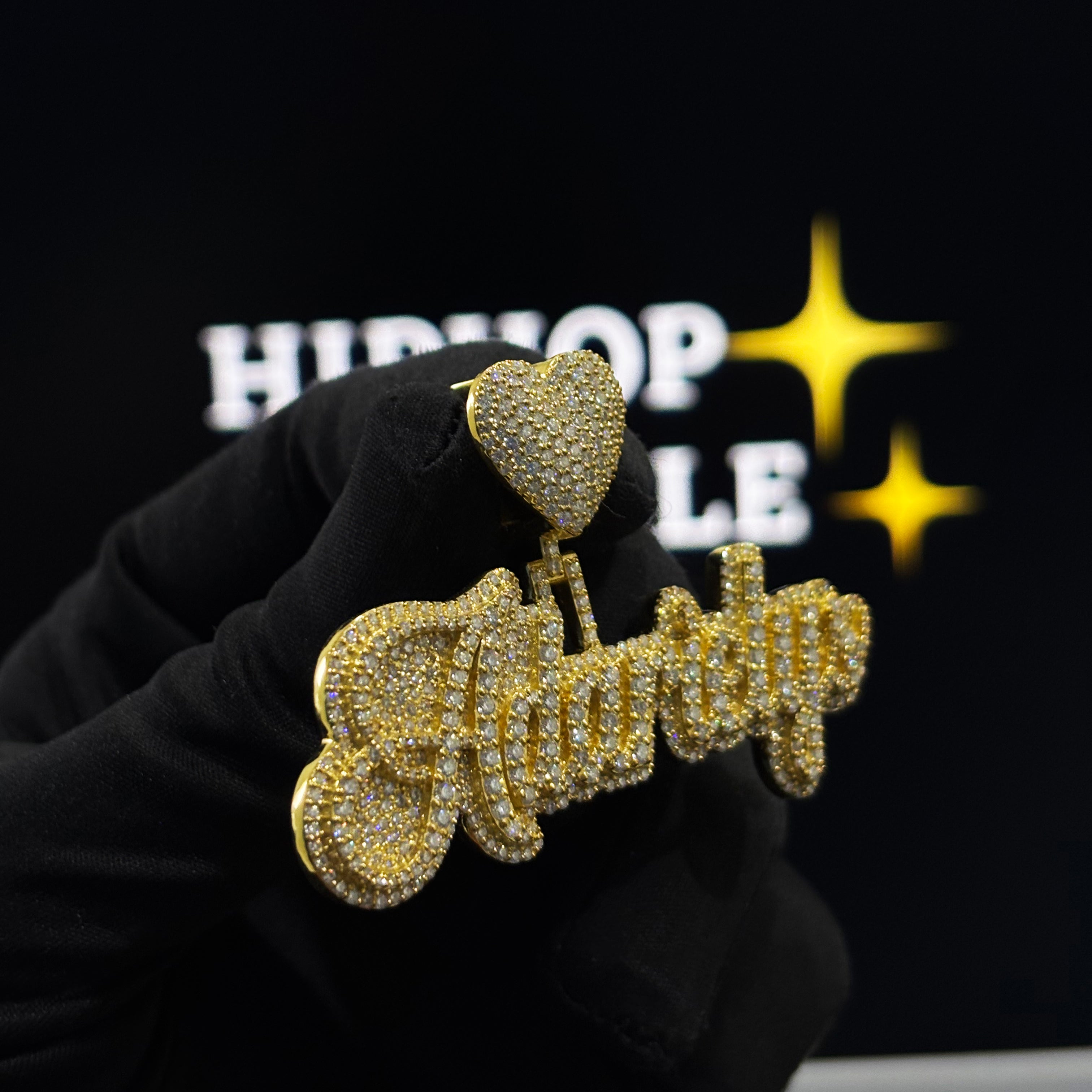 Adarielys Custom Name Pendant – Double Layer Cursive, 14K Gold Plated with VVS Moissanite & Heart Bail (2.5")