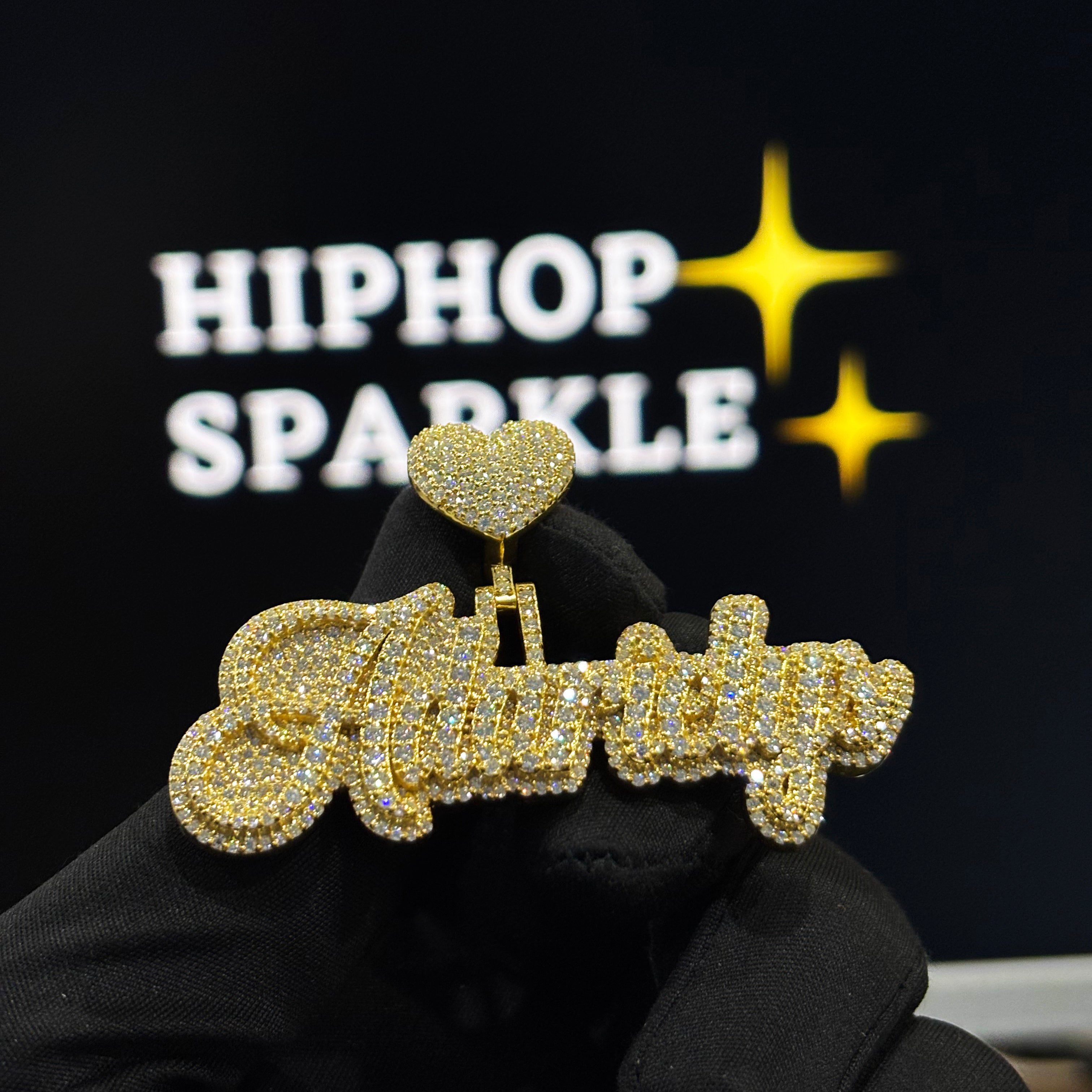 Adarielys Custom Name Pendant – Double Layer Cursive, 14K Gold Plated with VVS Moissanite & Heart Bail (2.5")