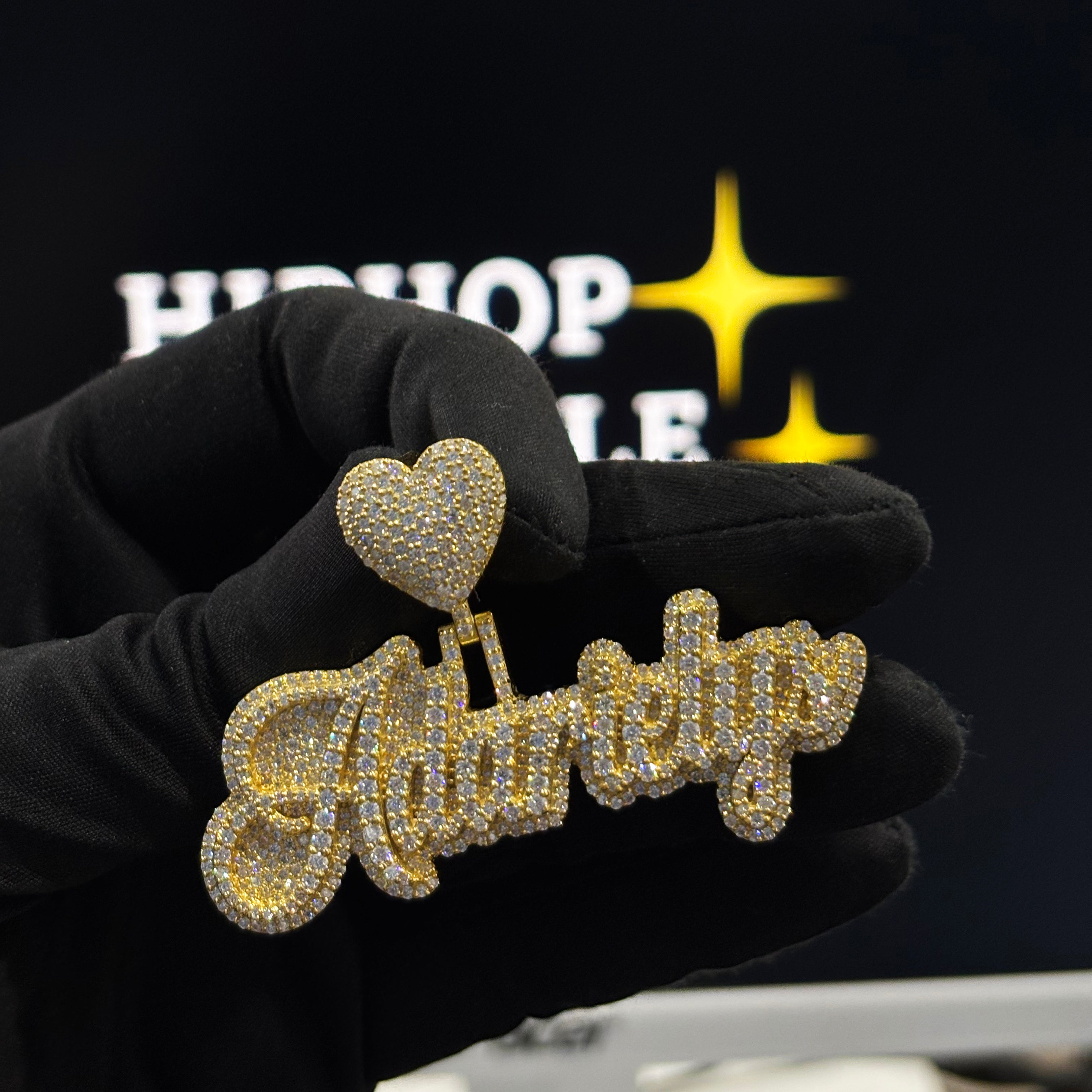 Adarielys Custom Name Pendant – Double Layer Cursive, 14K Gold Plated with VVS Moissanite & Heart Bail (2.5")
