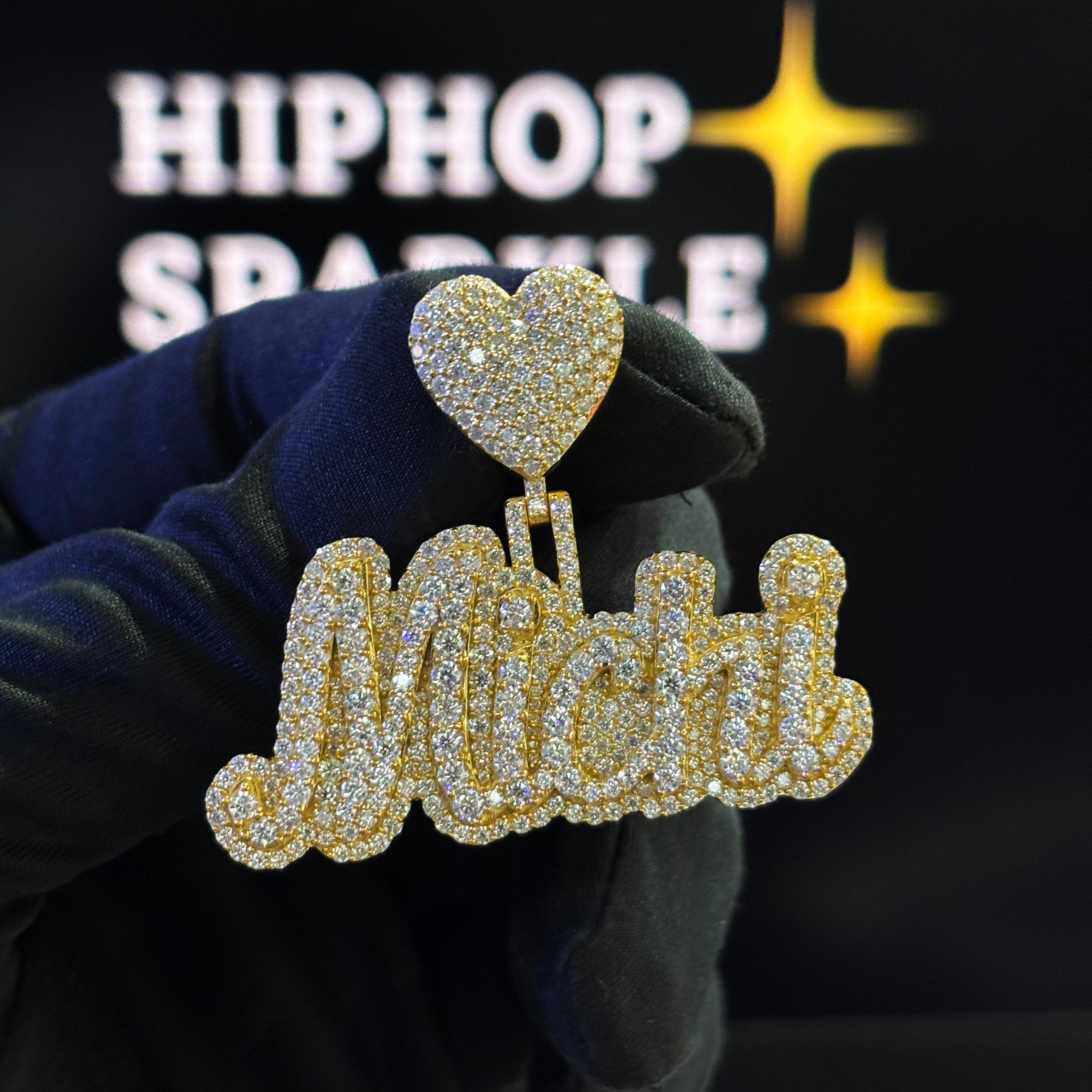 Michi Custom Name Pendant – 14K Gold Plated Iced Out with VVS Moissanite & Heart Bail (2")