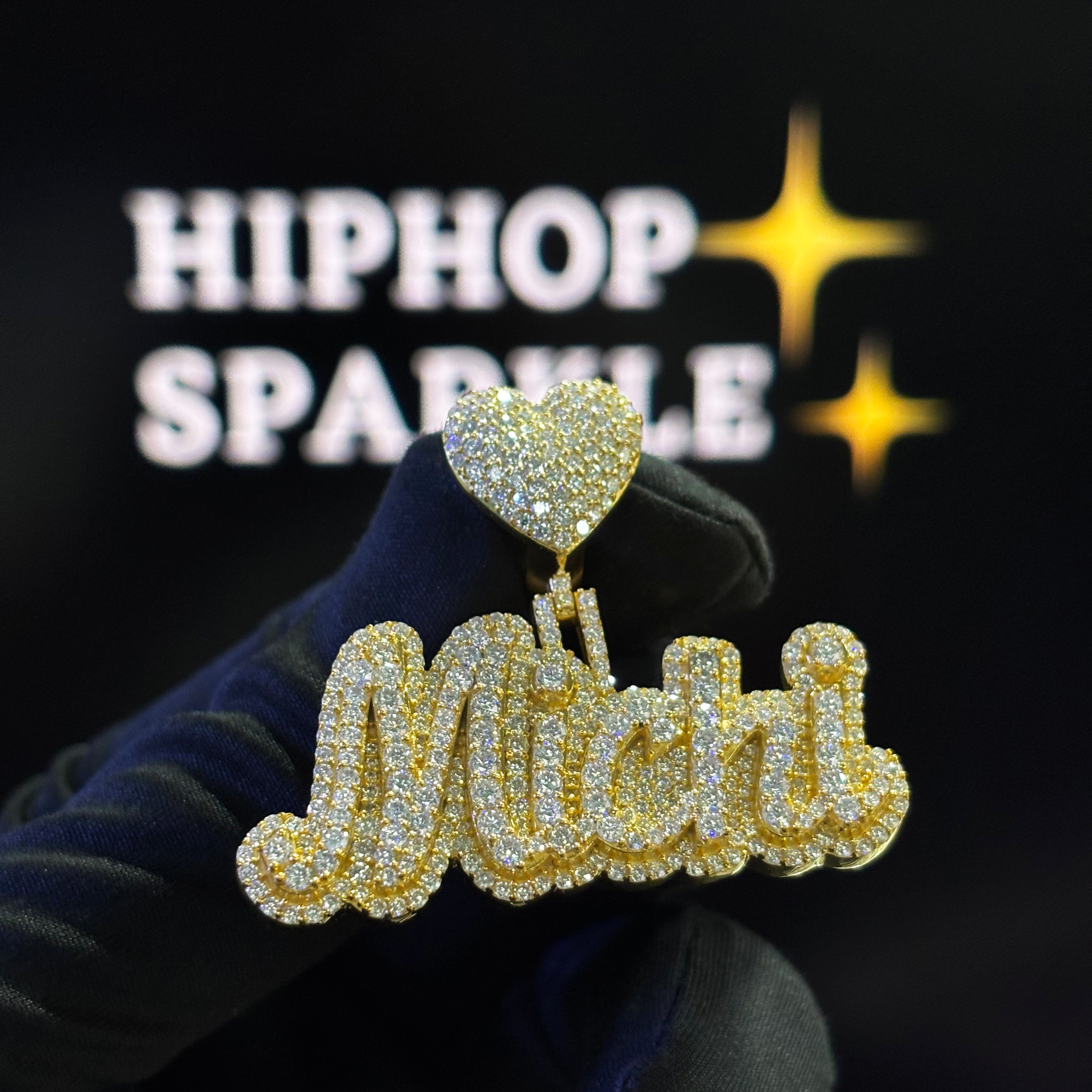 Michi Custom Name Pendant – 14K Gold Plated Iced Out with VVS Moissanite & Heart Bail (2")