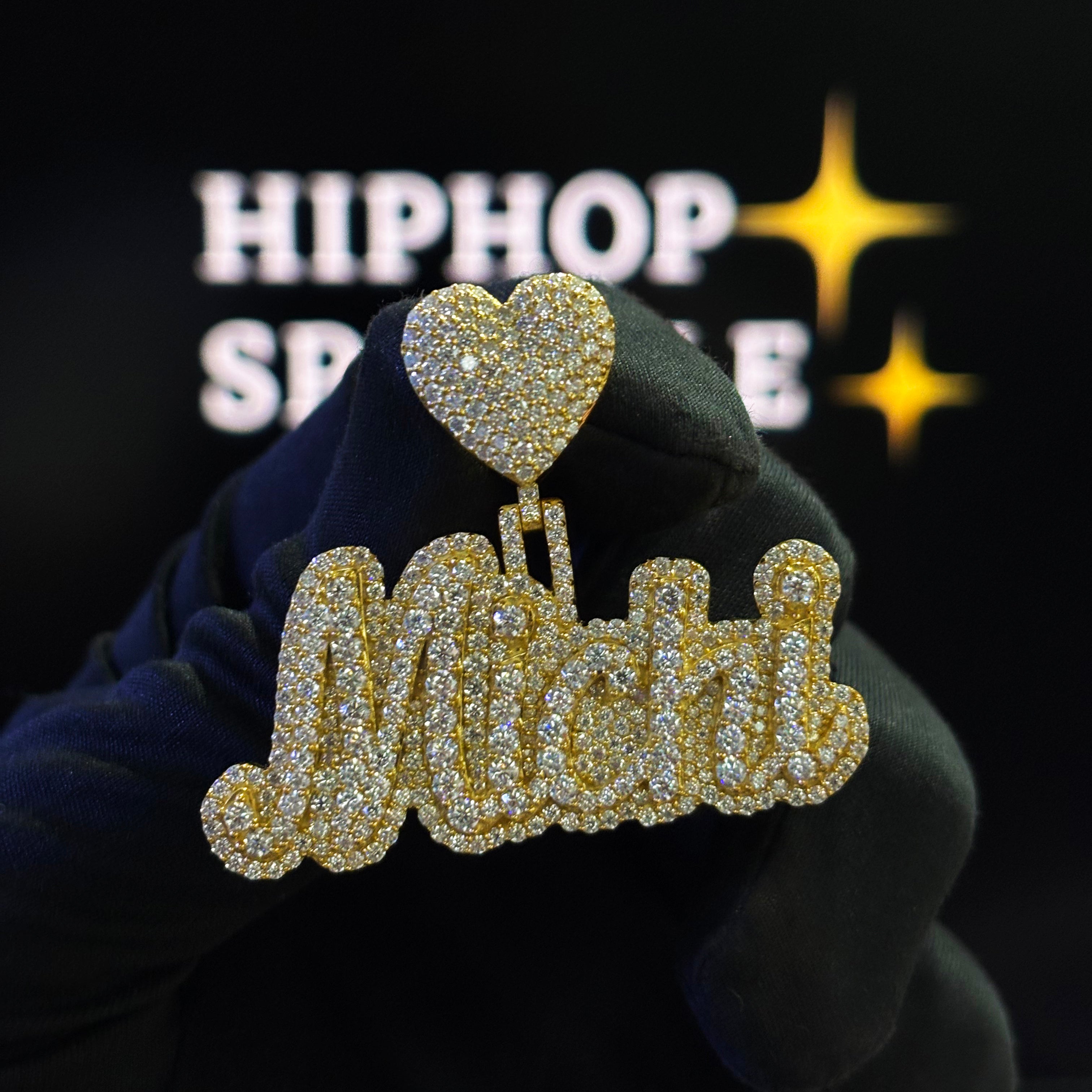 Michi Custom Name Pendant – 14K Gold Plated Iced Out with VVS Moissanite & Heart Bail (2")
