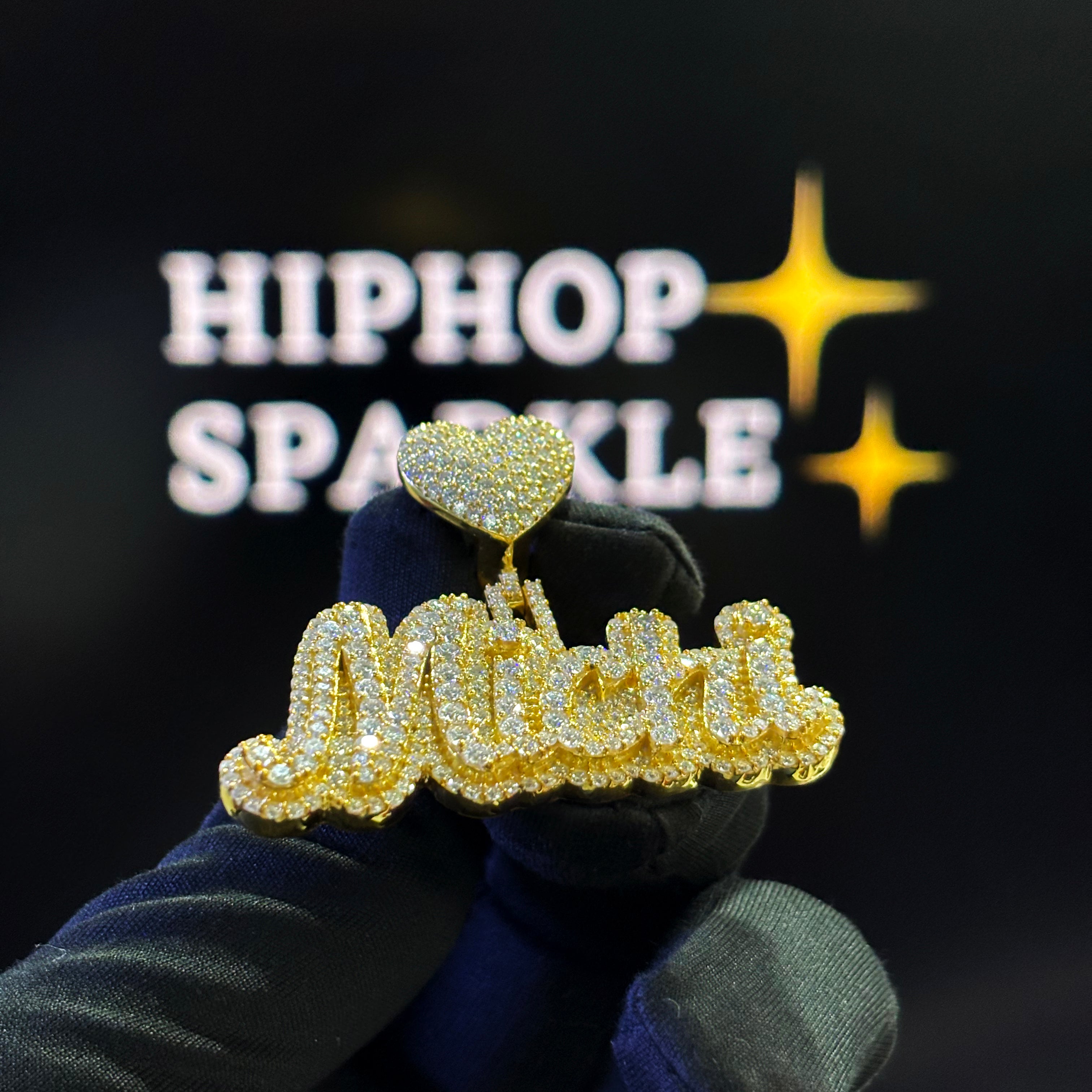 Michi Custom Name Pendant – 14K Gold Plated Iced Out with VVS Moissanite & Heart Bail (2")