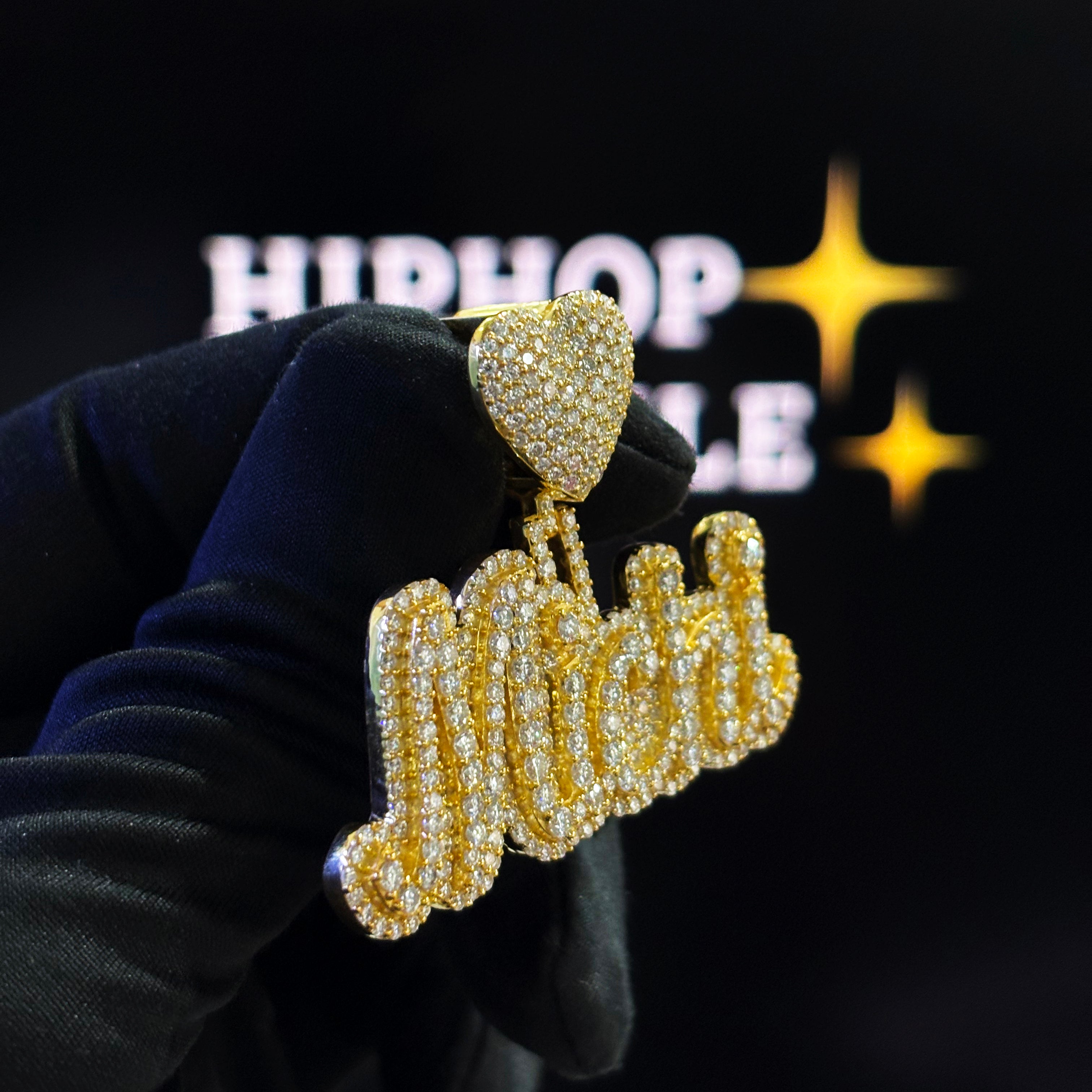Michi Custom Name Pendant – 14K Gold Plated Iced Out with VVS Moissanite & Heart Bail (2")