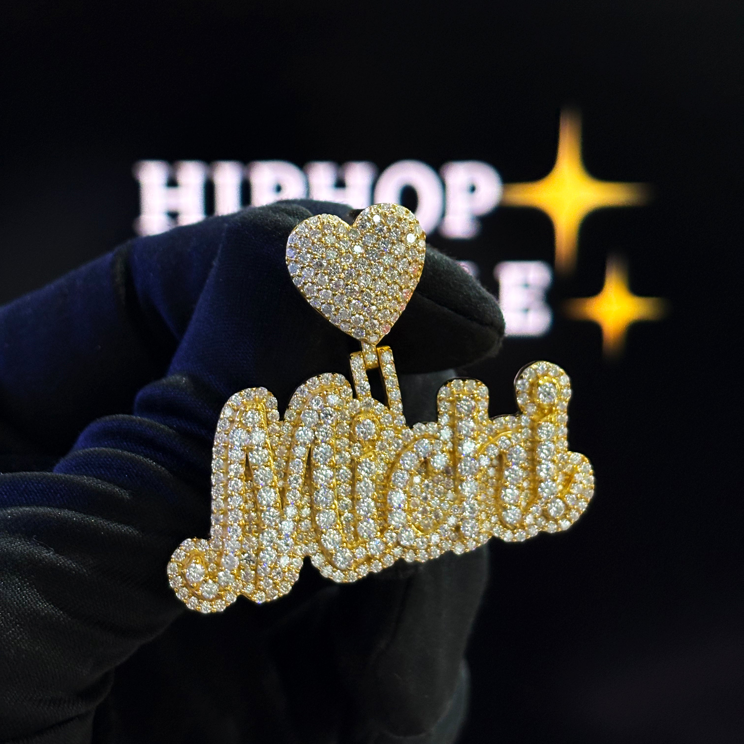 Michi custom name pendant in 14K gold plated 925 silver, iced out with VVS moissanite diamonds, 2-inch size, heart-shaped bail, hip hop jewelry.