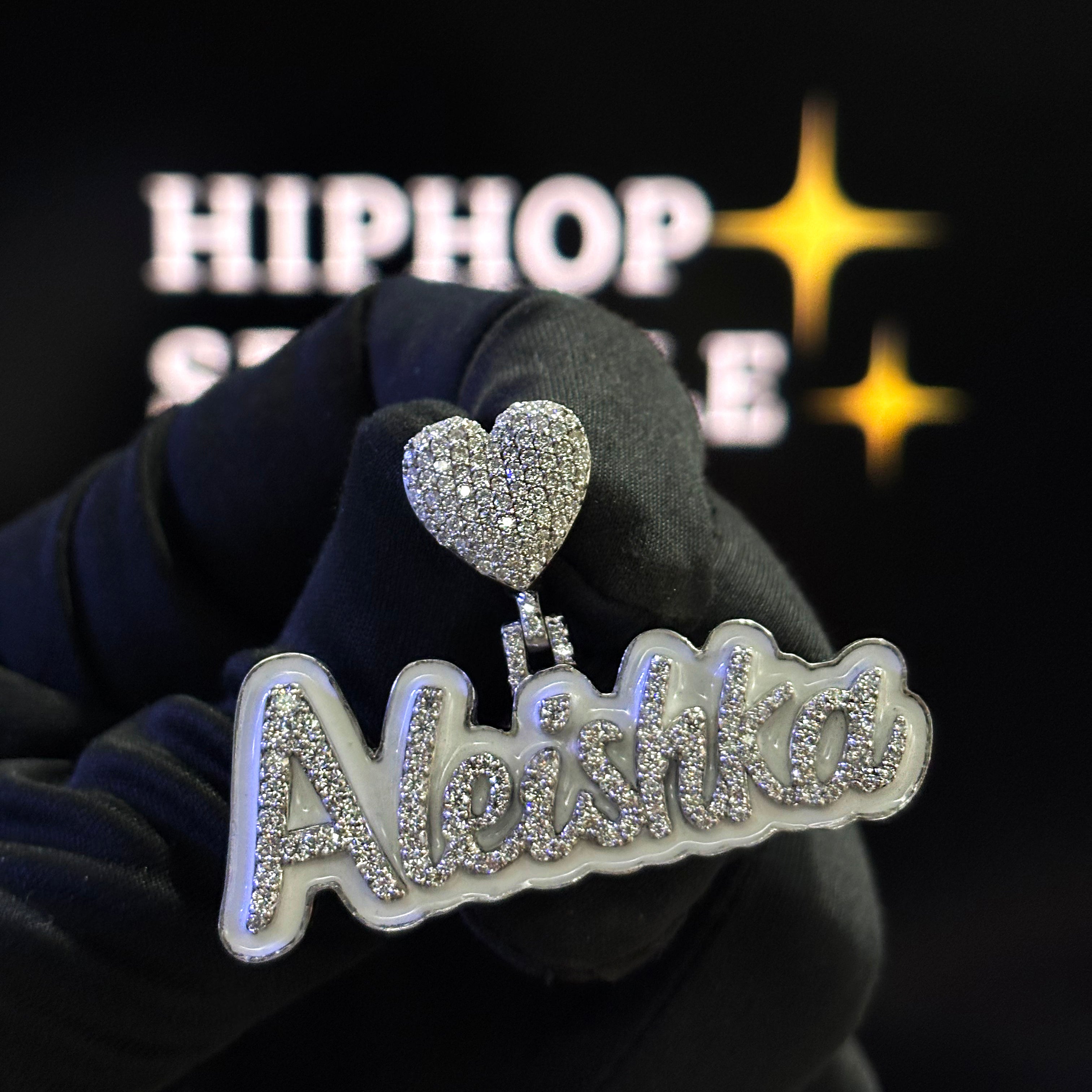 Aleishka Custom Name Pendant – Diamond Iced Out with White Enamel & Heart Bail (2")
