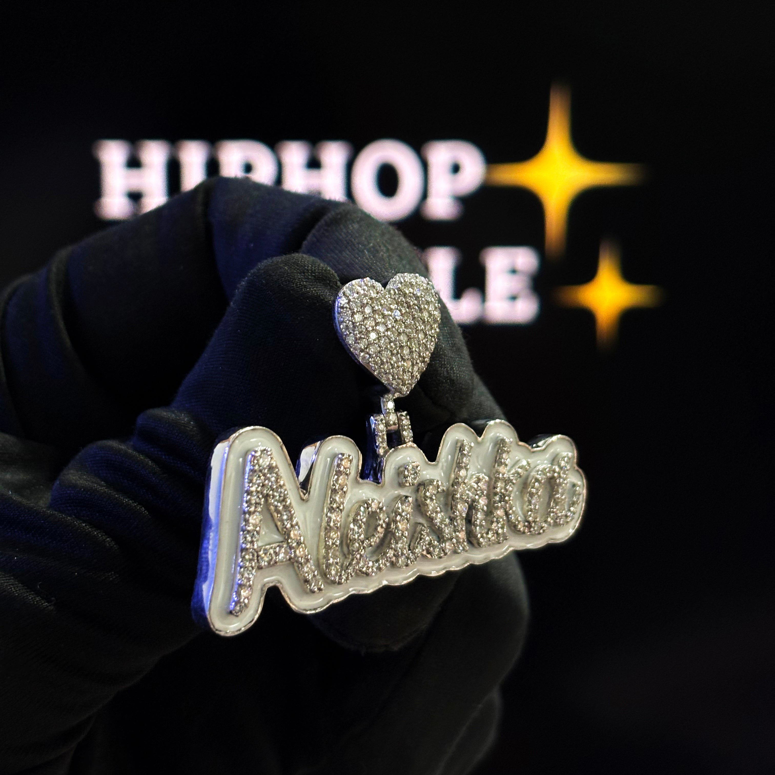 Aleishka Custom Name Pendant – Diamond Iced Out with White Enamel & Heart Bail (2")