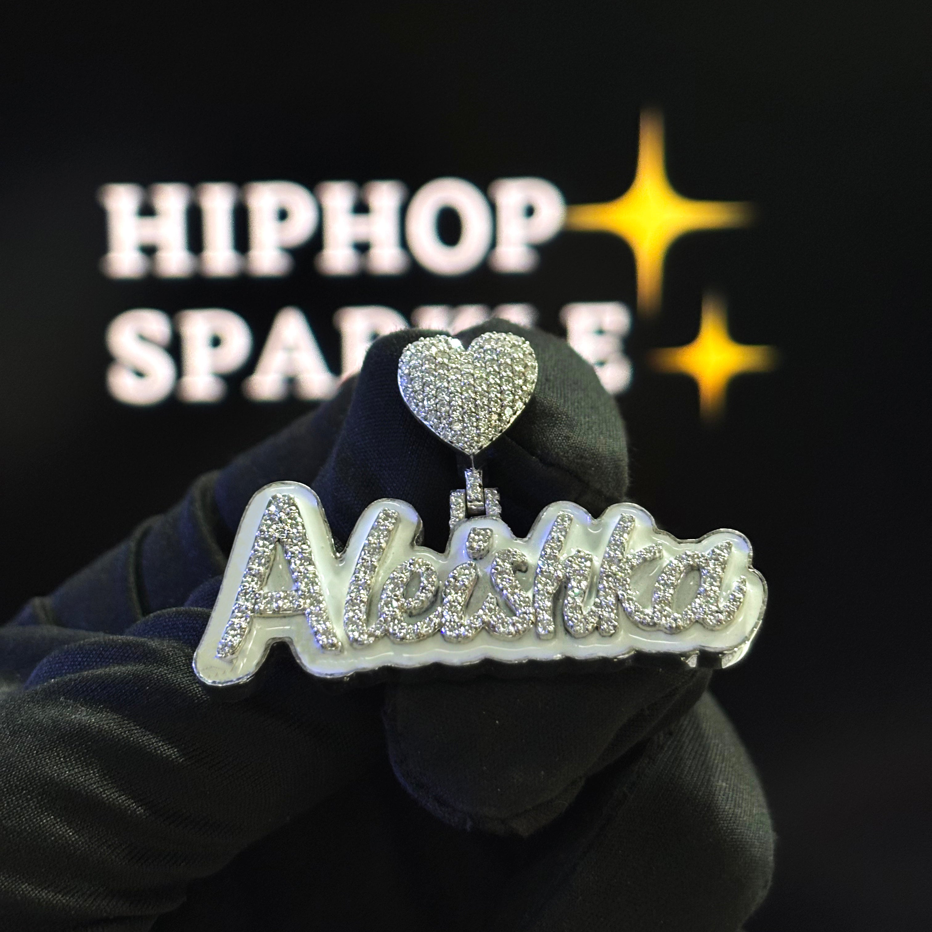 Aleishka Custom Name Pendant – Diamond Iced Out with White Enamel & Heart Bail (2")