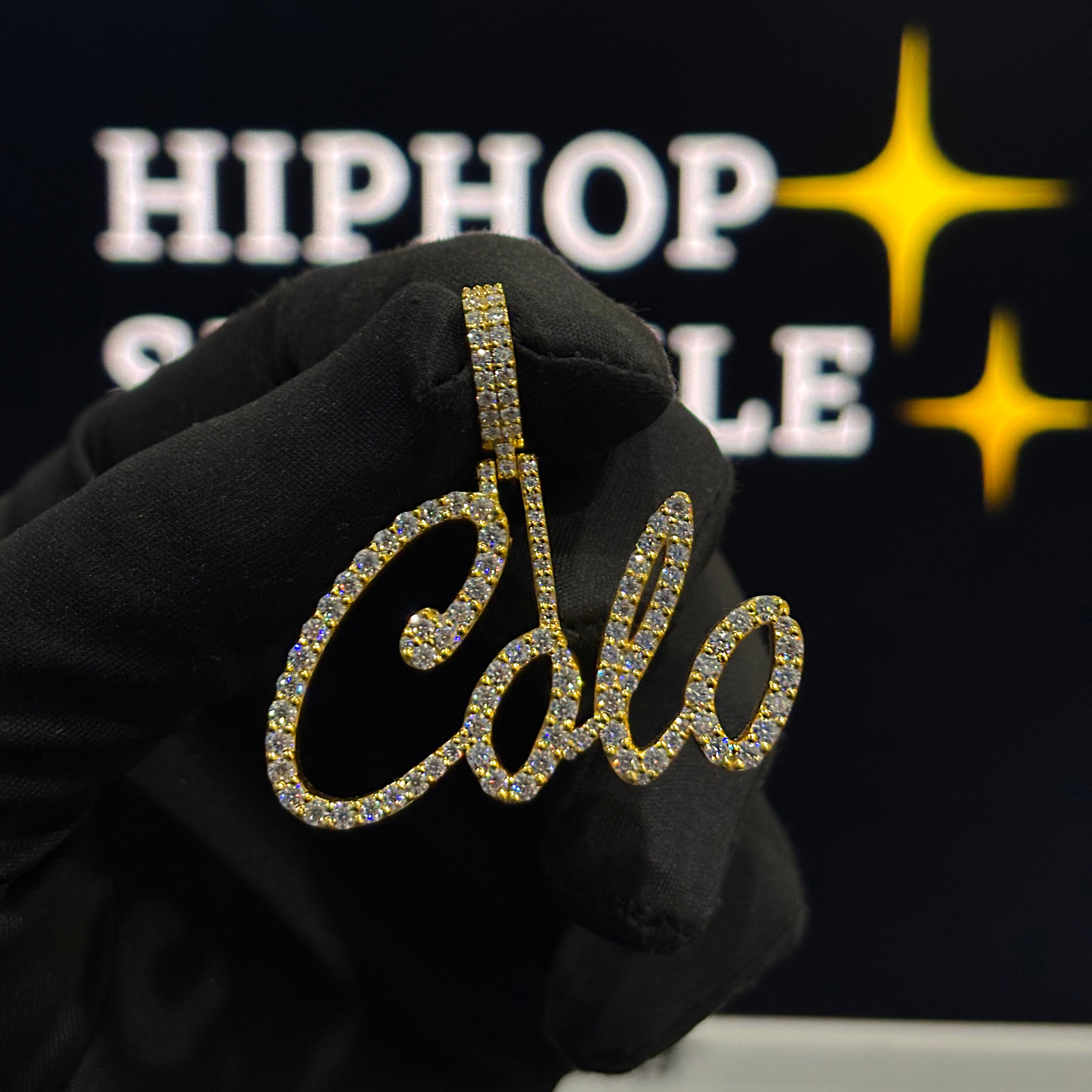 Colo custom name pendant in 925 silver iced out with VVS moissanite diamonds, 1.70 inch length, 1 inch height without bail, 8mm chain passing space, hip hop jewelry.