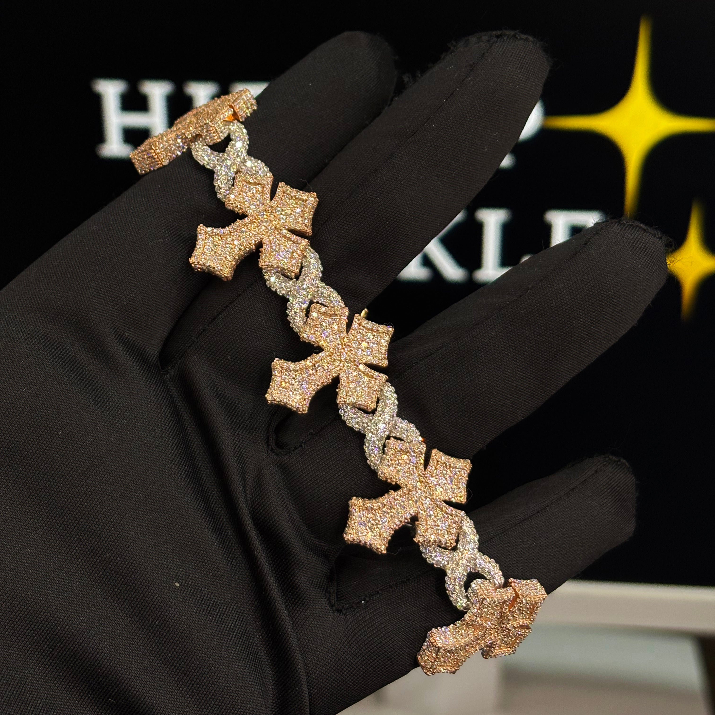Two-Tone Cross & Infinity Iced Out Bracelet in 925 Silver with Rose & White Gold Plating – Moissanite Hip Hop Jewelry