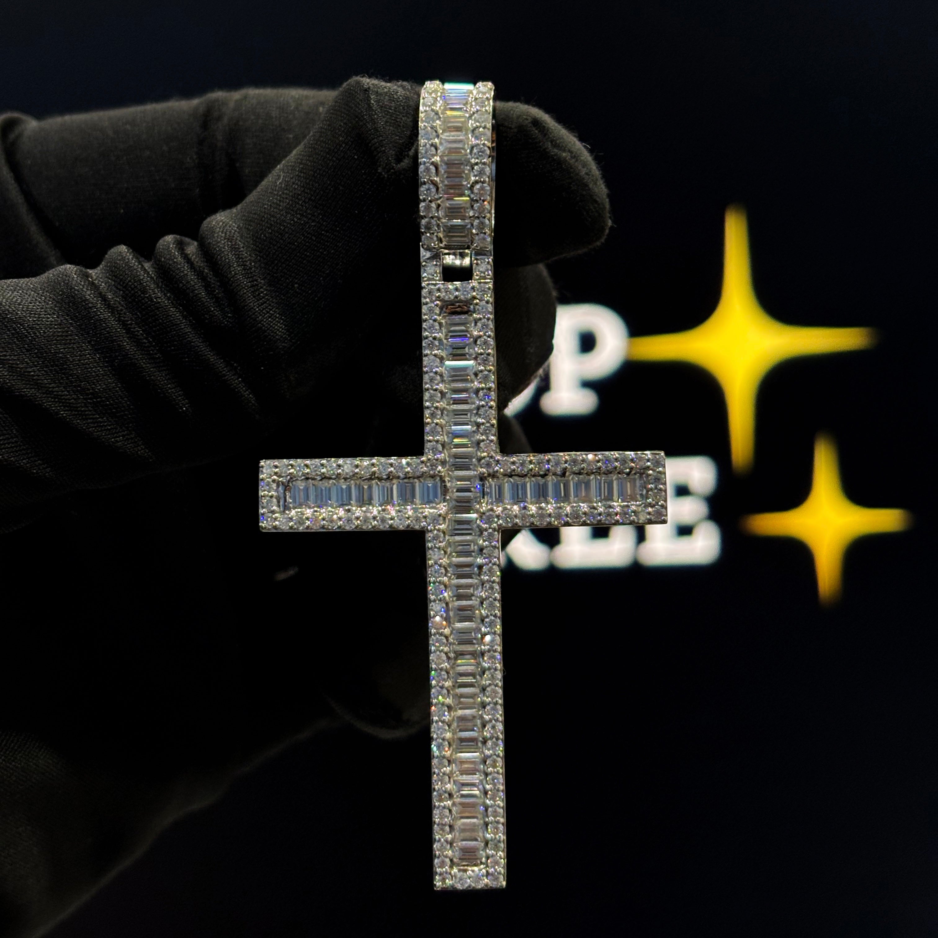 “Iced out baguette cross pendant with moissanite stones in 925 silver – hip hop jewelry”