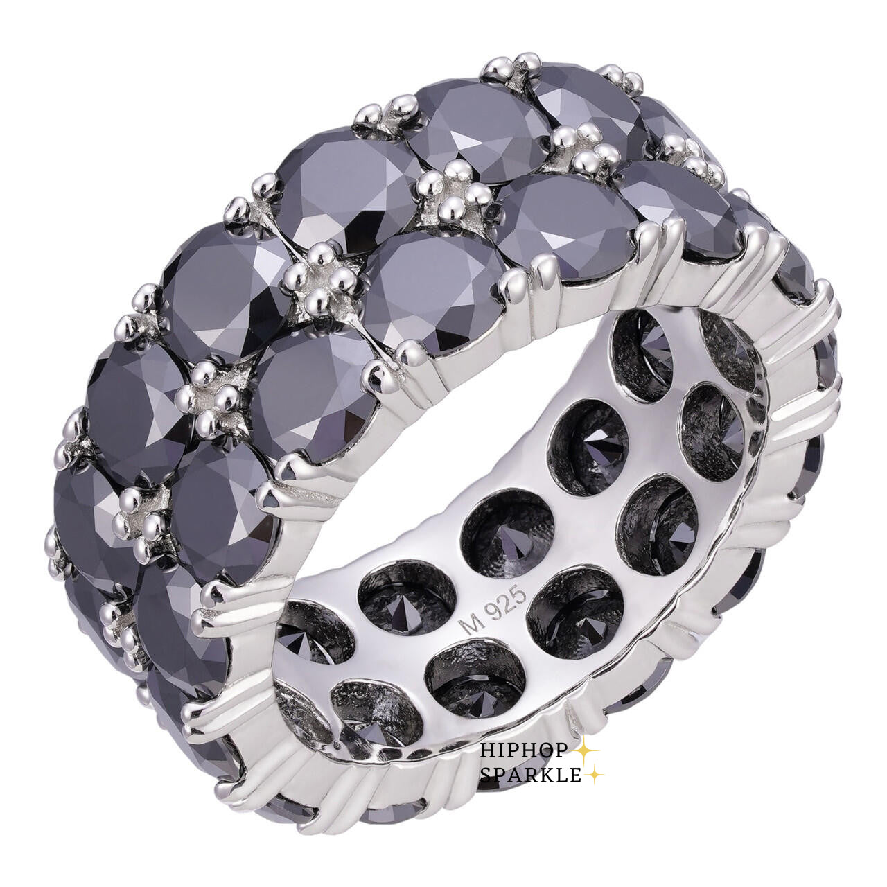 Bold Black Moissanite Double Row Ring – 925 Sterling Silver Eternity