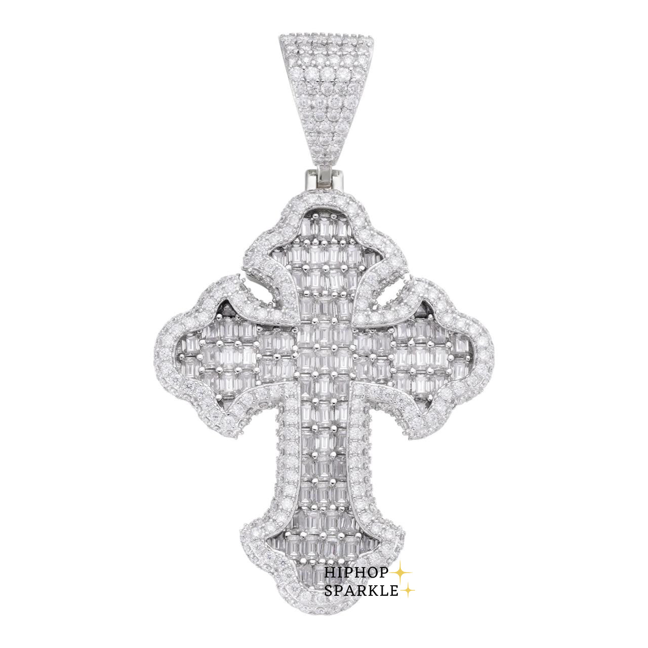 Sophisticated Moissanite Gothic Tupac Cross Pendant – Baguette Cut, 925 Silver, 3 Sizes (1.5"-2.75")