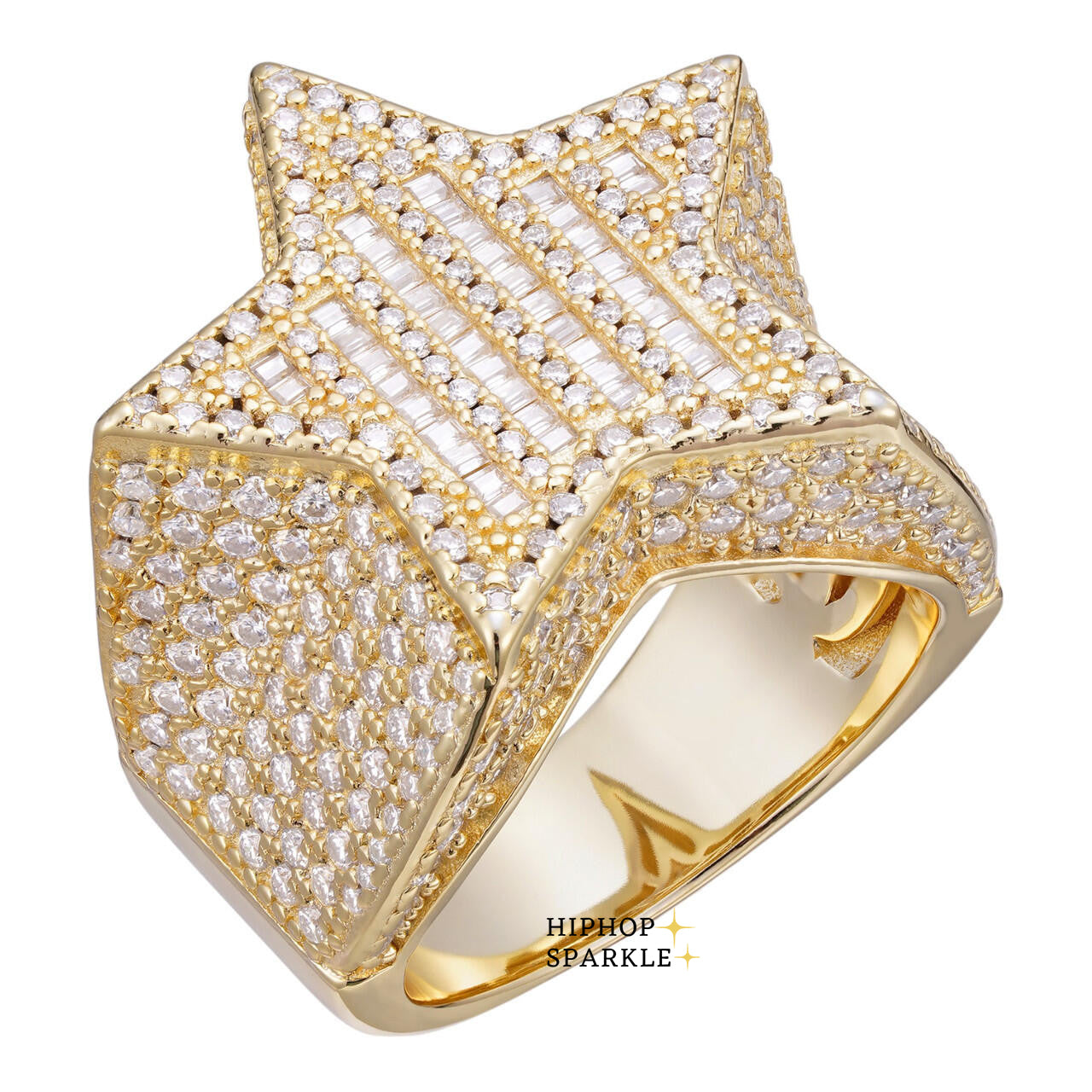 Trendsetting Moissanite Rap Star Ring – Baguette Cut, 14k Gold Vermeil & 925 Silver