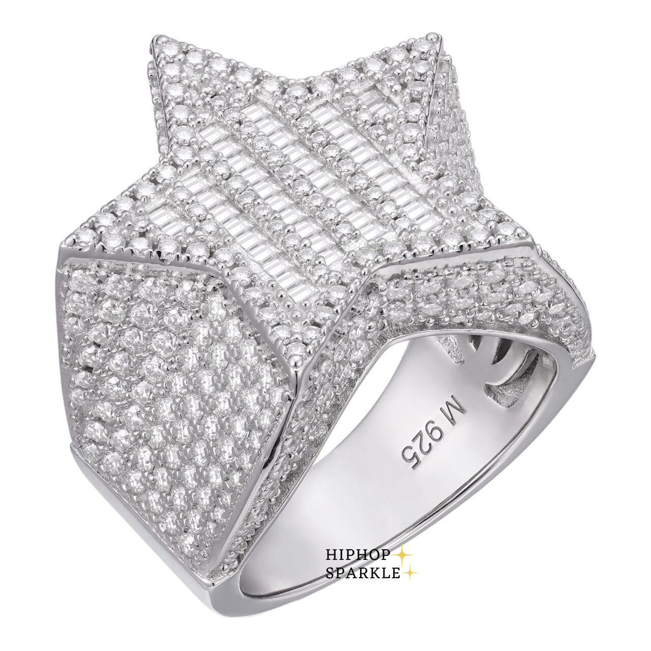 Baguette Moissanite Star Ring – Rap Style, 925 Silver