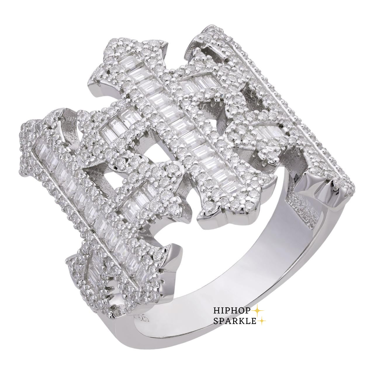 Gothic Moissanite Three Crosses Ring – Iced Out Baguette Style, 925 Silver