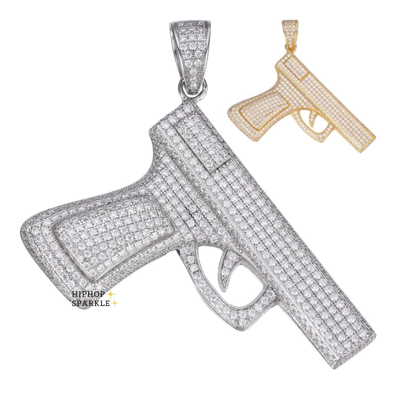 Moissanite Iced Out Gun Pistol Pendant - 14k Gold Vermeil & 925 Silver