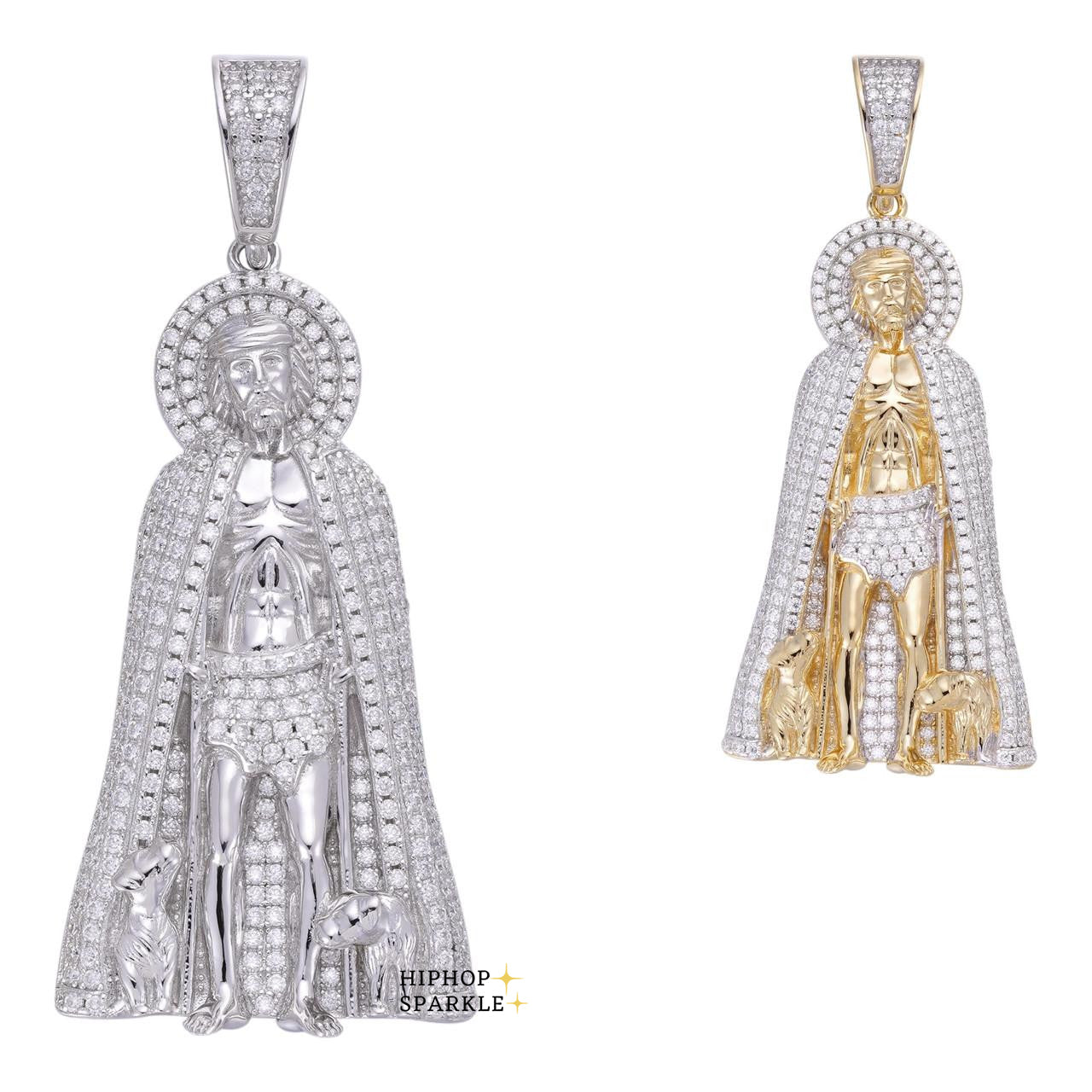 Moissanite Iced Saint St. Lazarus Pendant - 14k Yellow Gold & 925 Silver