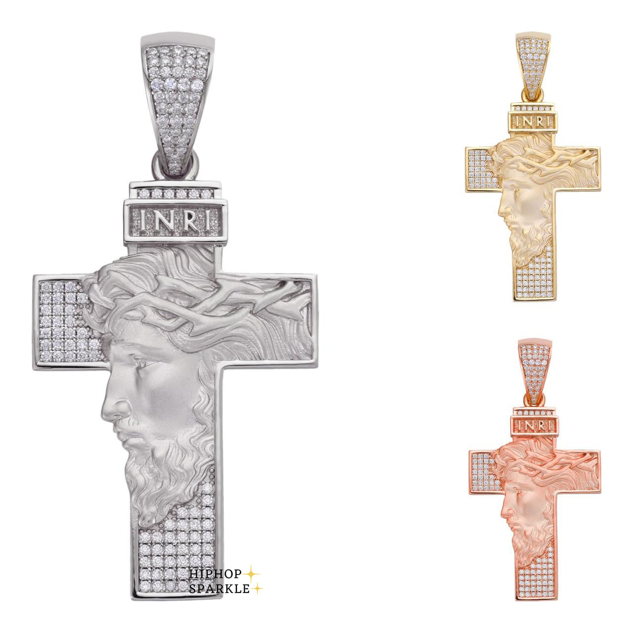 Moissanite Jesus Face On Cross Pendant - 14k Yellow/Rose Gold Vermeil & 925 Silver