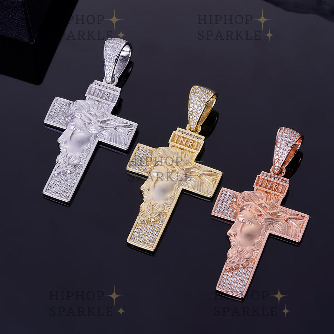 Moissanite Jesus Face On Cross Pendant - 14k Yellow/Rose Gold Vermeil & 925 Silver