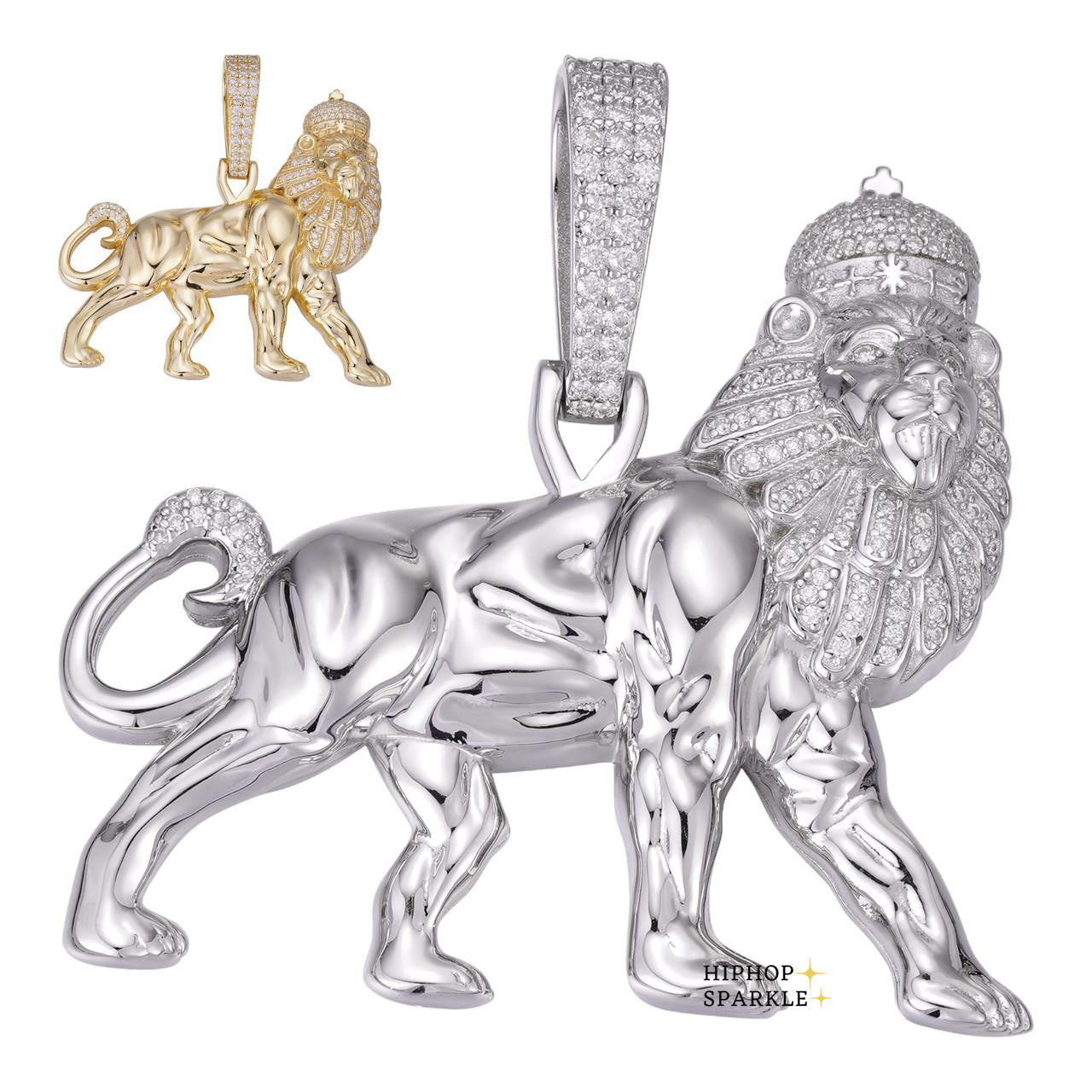 Moissanite Lion of Judah with Crown Rasta Pendant - 14k Gold Vermeil & 925 Silver