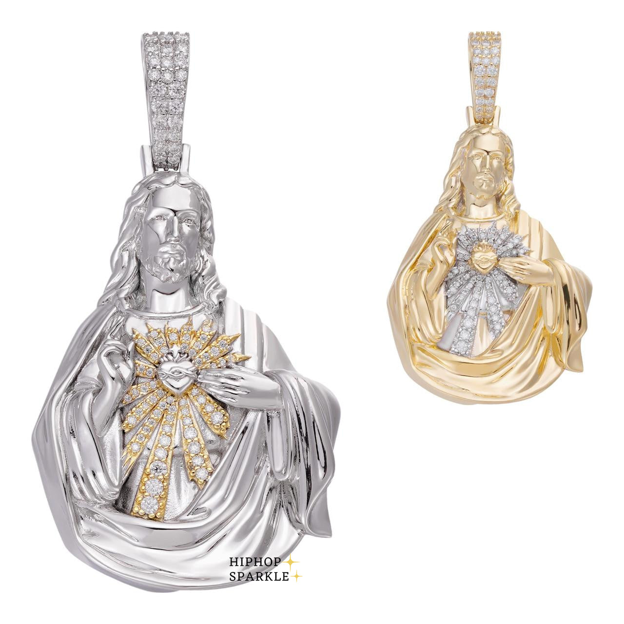 Moissanite Sacred Heart Jesus Pendant - 14k Yellow Gold Vermeil & 925 Silver