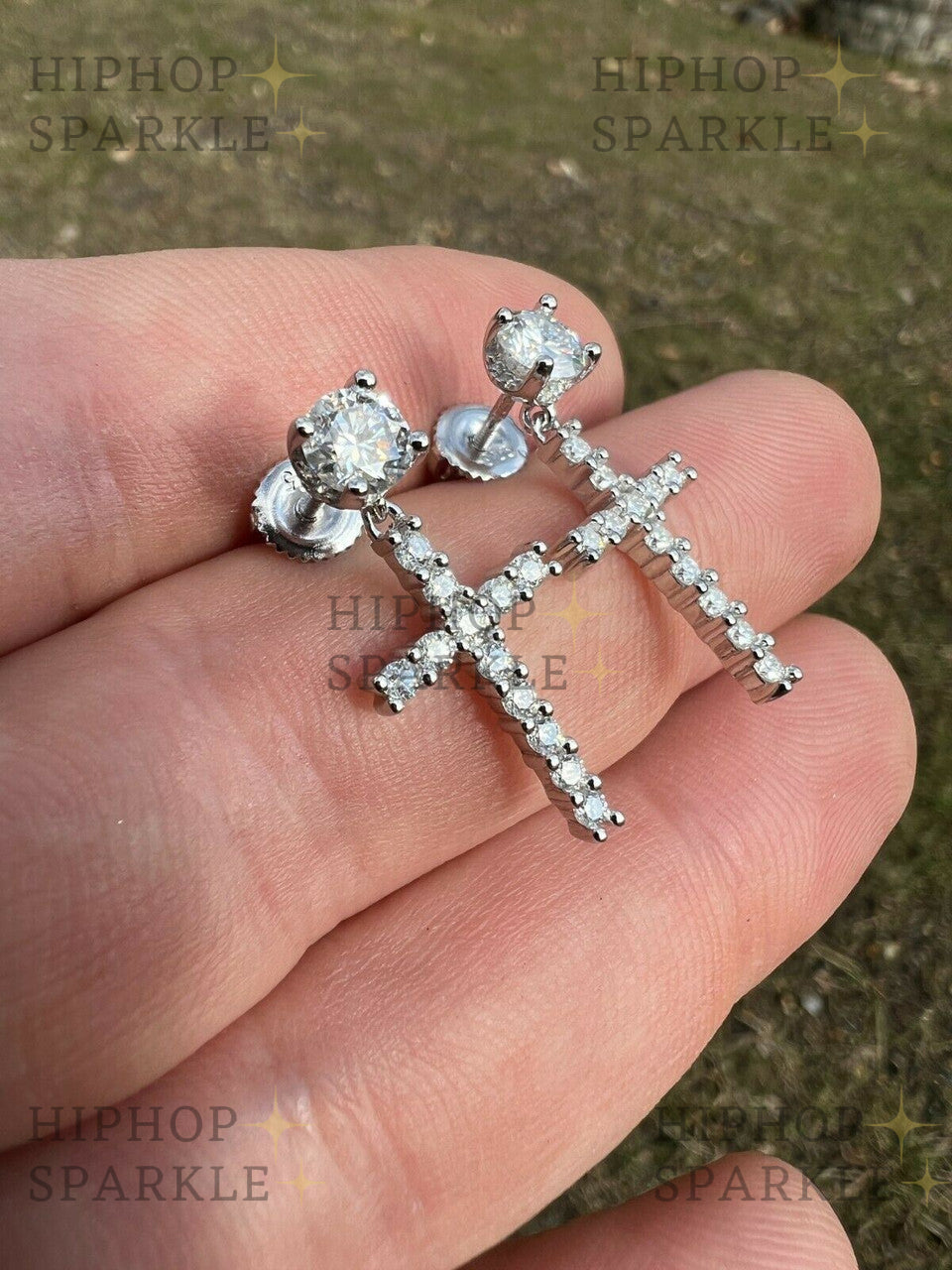 Moissanite Dangling Cross Out Earrings with Solitaire Stud - 925 Silver