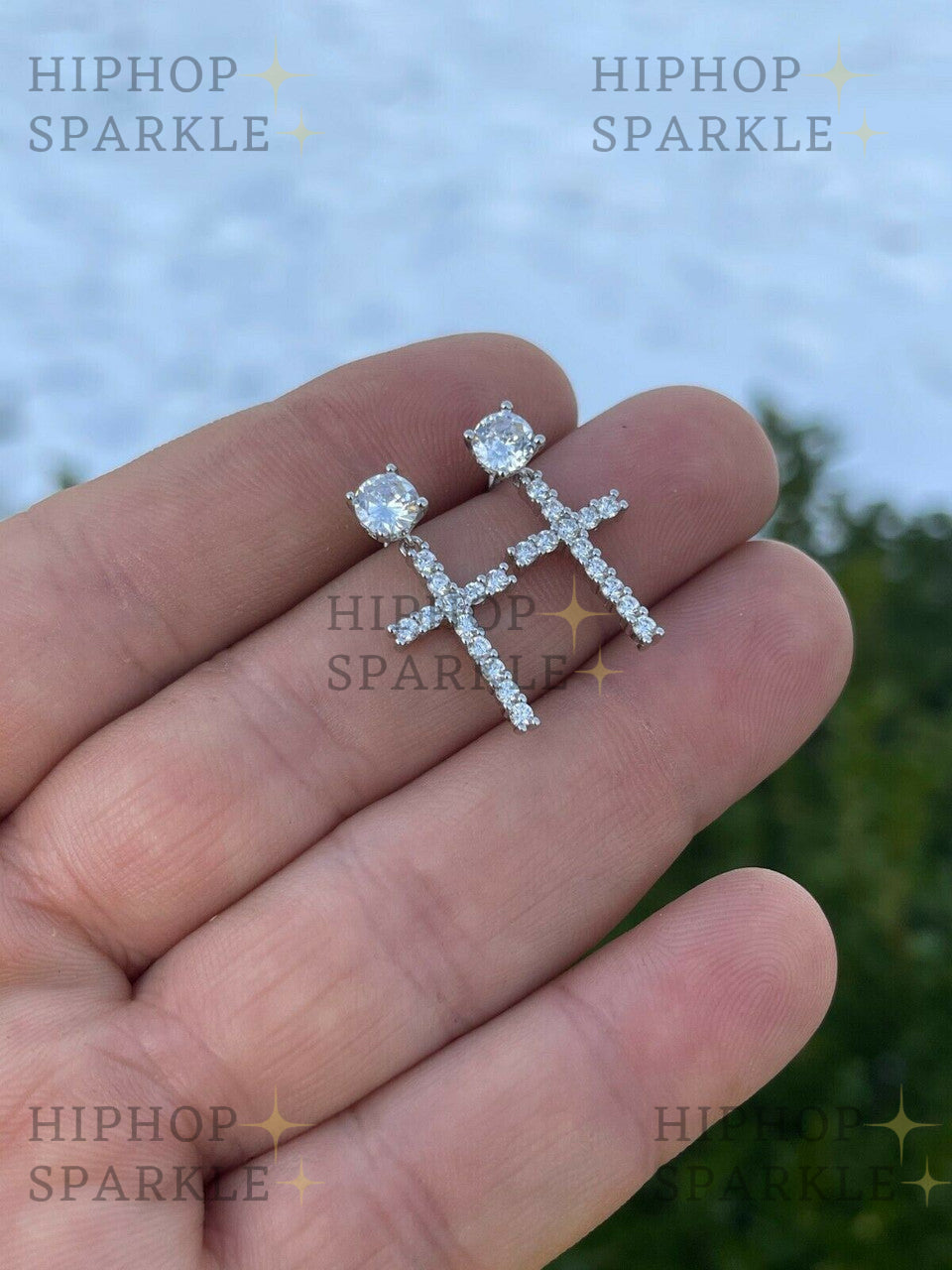 Moissanite Dangling Cross Out Earrings with Solitaire Stud - 925 Silver