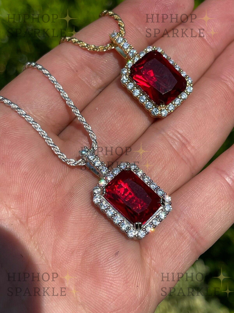 Glamorous Moissanite Red Ruby Diamond Pendant – 14k Gold Vermeil or 925 Silver