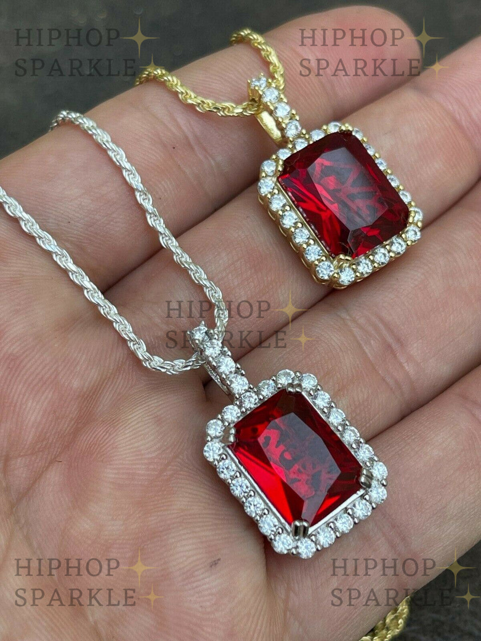 Glamorous Moissanite Red Ruby Diamond Pendant – 14k Gold Vermeil or 925 Silver