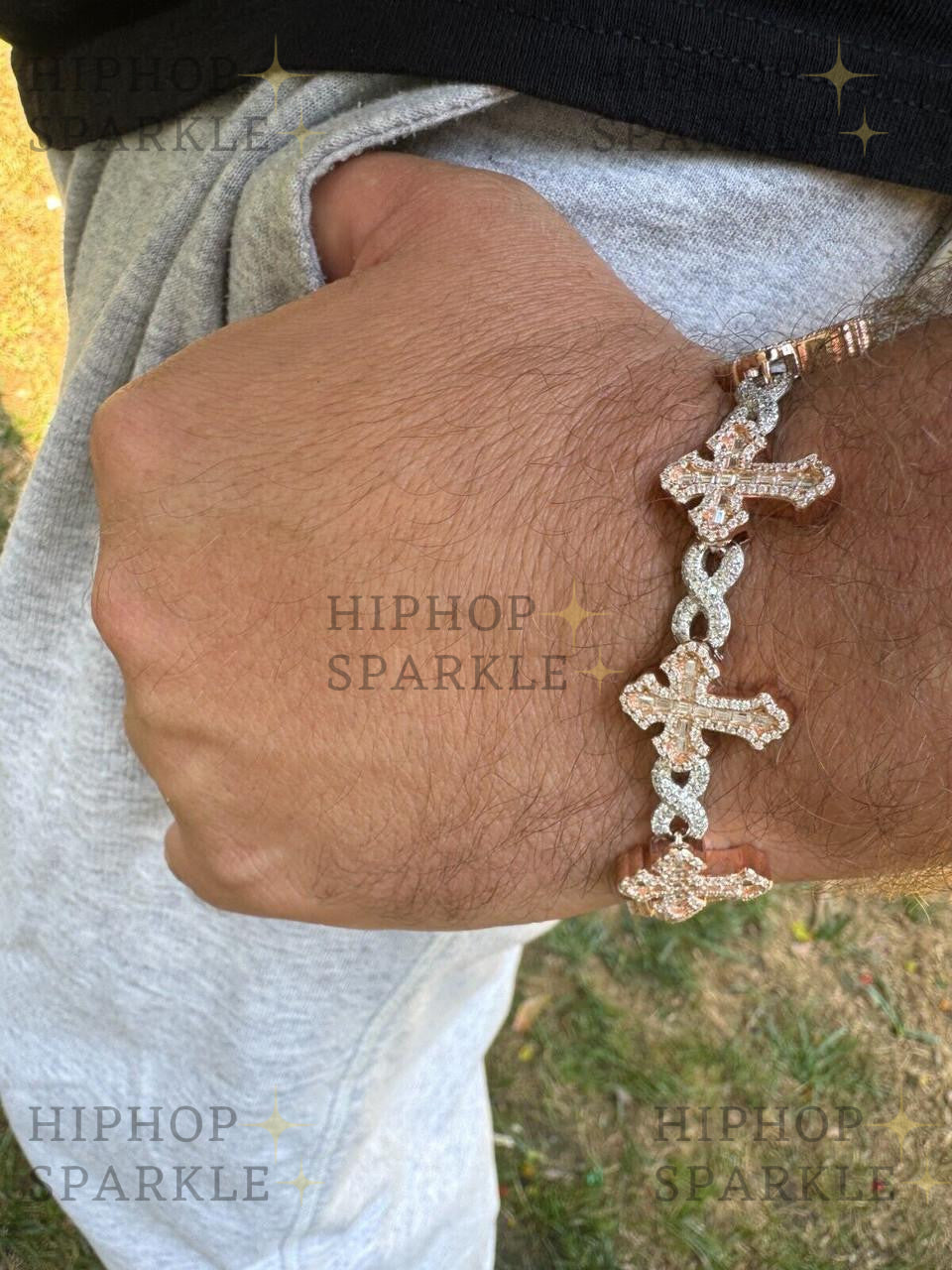 MOISSANITE Eternity Gothic Cross Link Bracelet Iced Out - 14k Rose Gold Vermeil & 925 Silver - 20mm