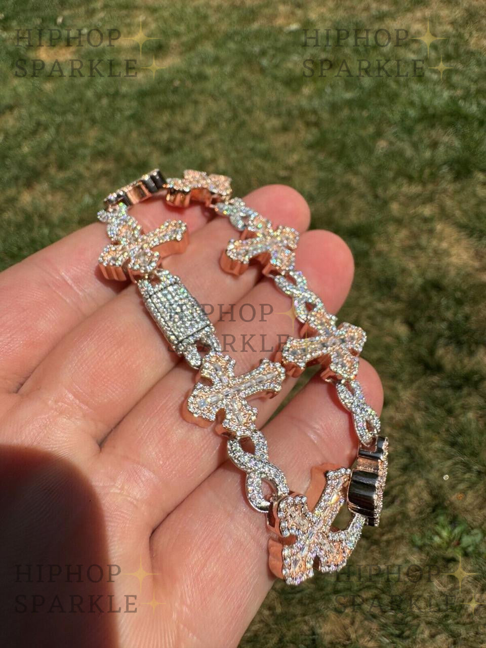 MOISSANITE Eternity Gothic Cross Link Bracelet Iced Out - 14k Rose Gold Vermeil & 925 Silver - 20mm