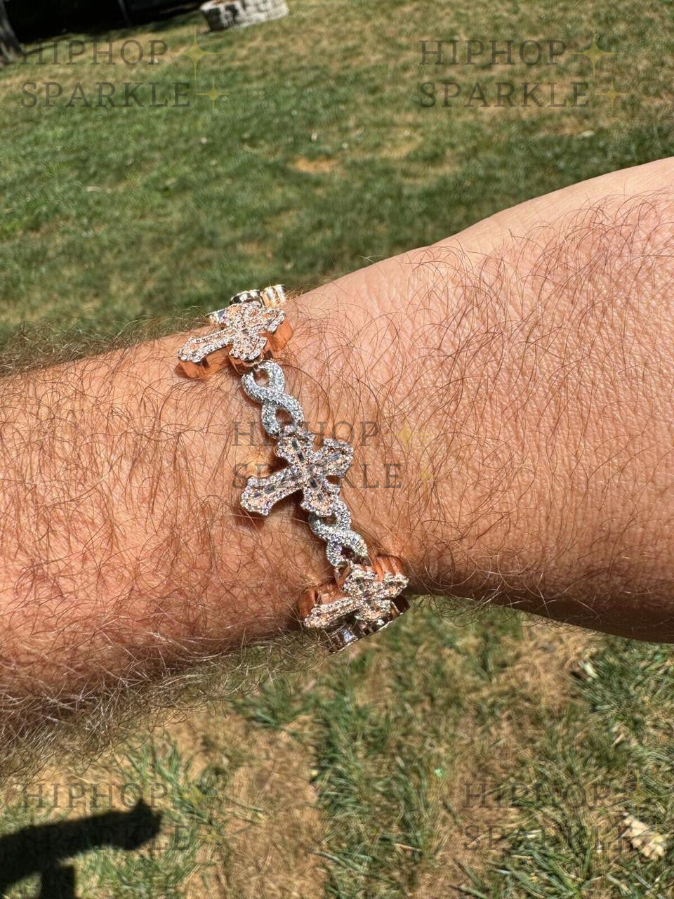 MOISSANITE Eternity Gothic Cross Link Bracelet Iced Out - 14k Rose Gold Vermeil & 925 Silver - 20mm