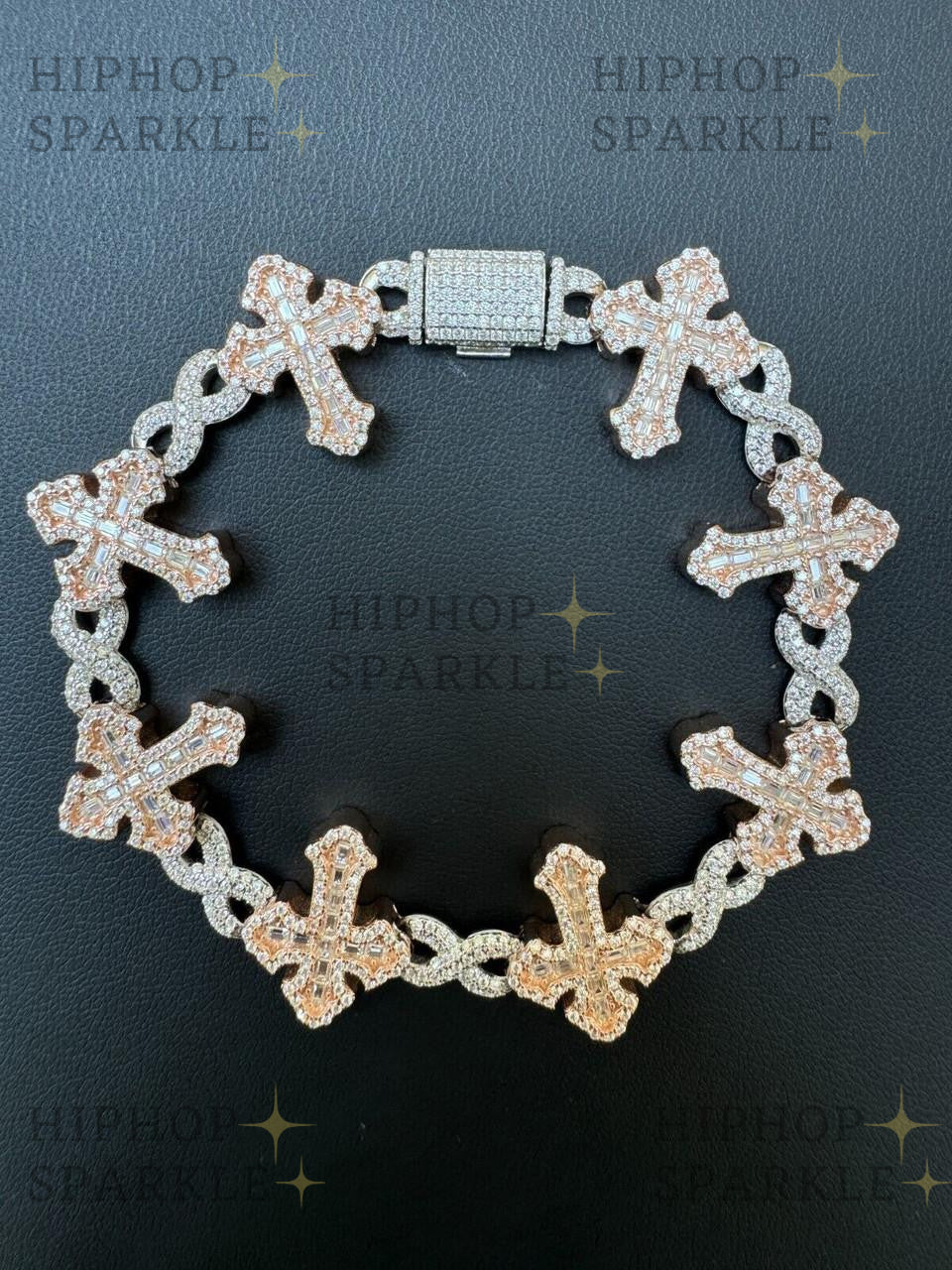 MOISSANITE Eternity Gothic Cross Link Bracelet Iced Out - 14k Rose Gold Vermeil & 925 Silver - 20mm