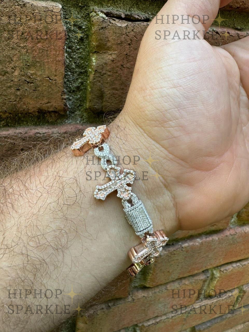 MOISSANITE Eternity Gothic Cross Link Bracelet Iced Out - 14k Rose Gold Vermeil & 925 Silver - 20mm