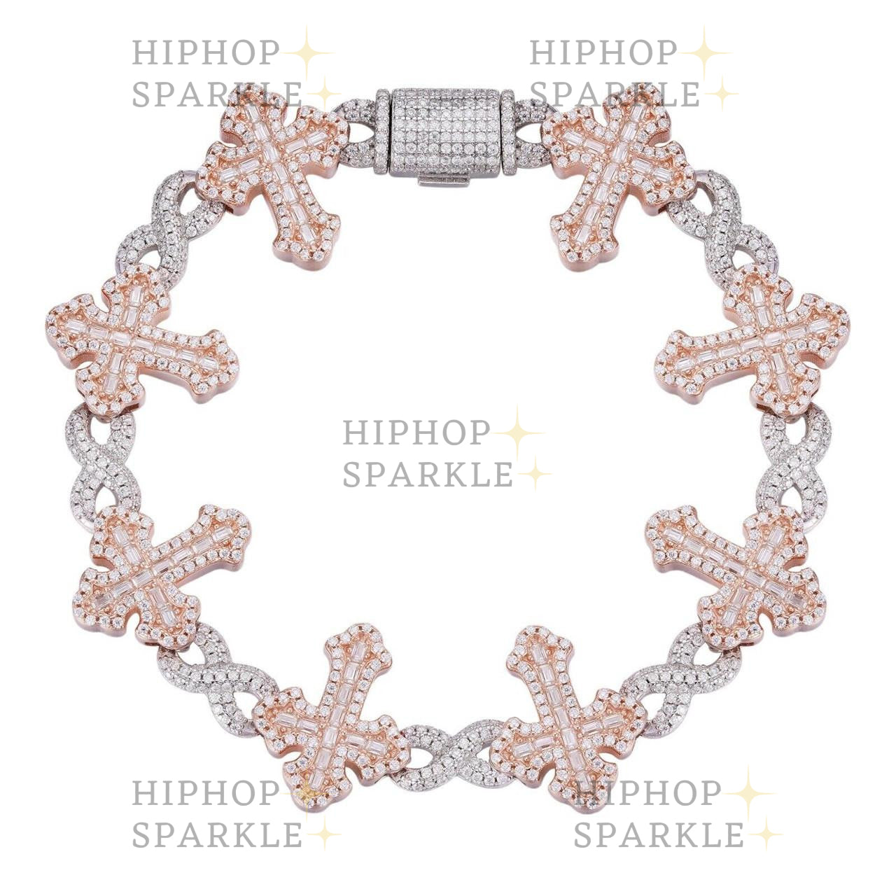 MOISSANITE Eternity Gothic Cross Link Bracelet Iced Out - 14k Rose Gold Vermeil & 925 Silver - 20mm