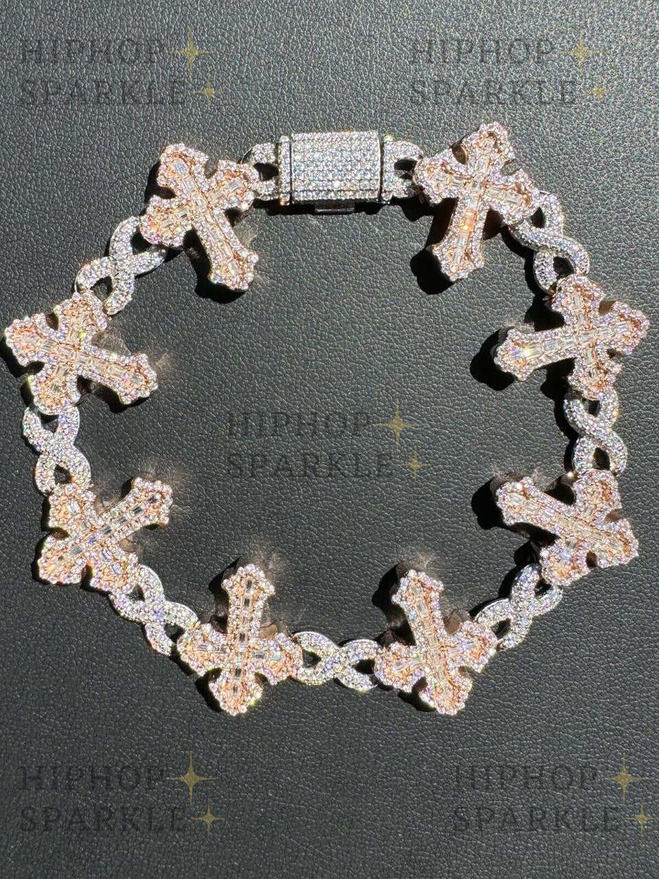 MOISSANITE Eternity Gothic Cross Link Bracelet Iced Out - 14k Rose Gold Vermeil & 925 Silver - 20mm