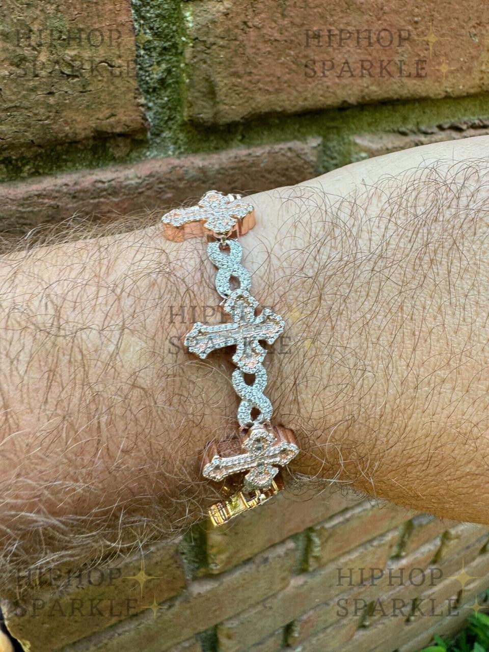 MOISSANITE Eternity Gothic Cross Link Bracelet Iced Out - 14k Rose Gold Vermeil & 925 Silver - 20mm