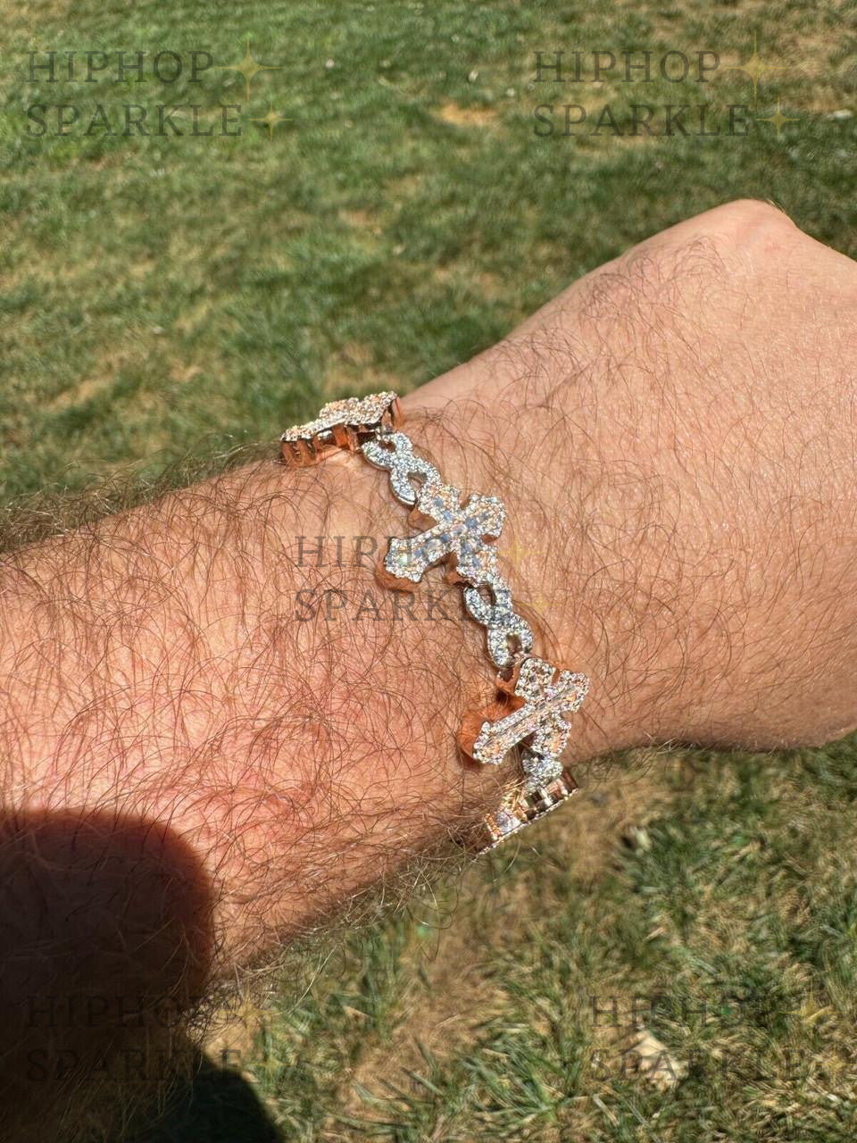 MOISSANITE Eternity Gothic Cross Link Bracelet Iced Out - 14k Rose Gold Vermeil & 925 Silver - 20mm