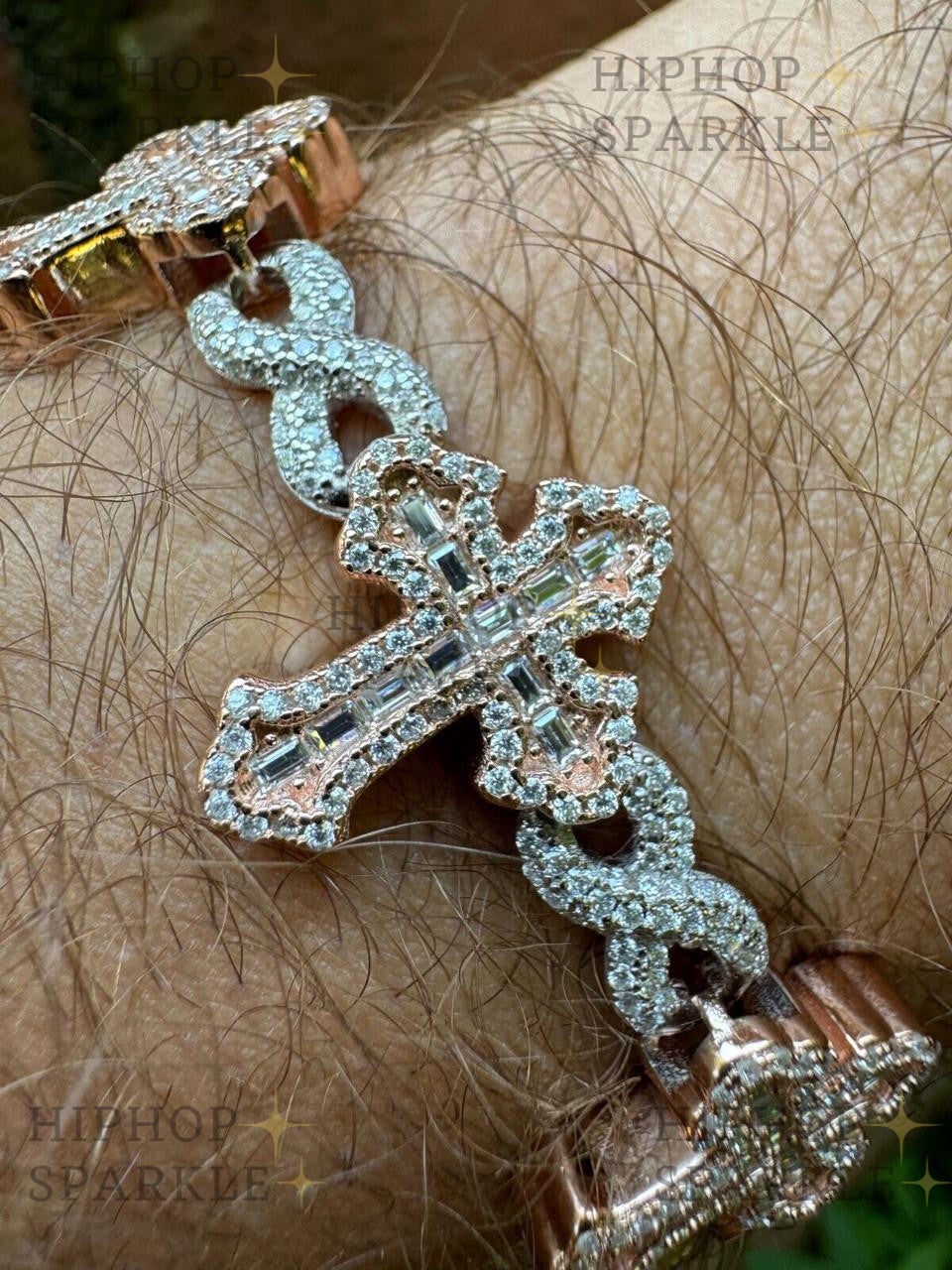 MOISSANITE Eternity Gothic Cross Link Bracelet Iced Out - 14k Rose Gold Vermeil & 925 Silver - 20mm