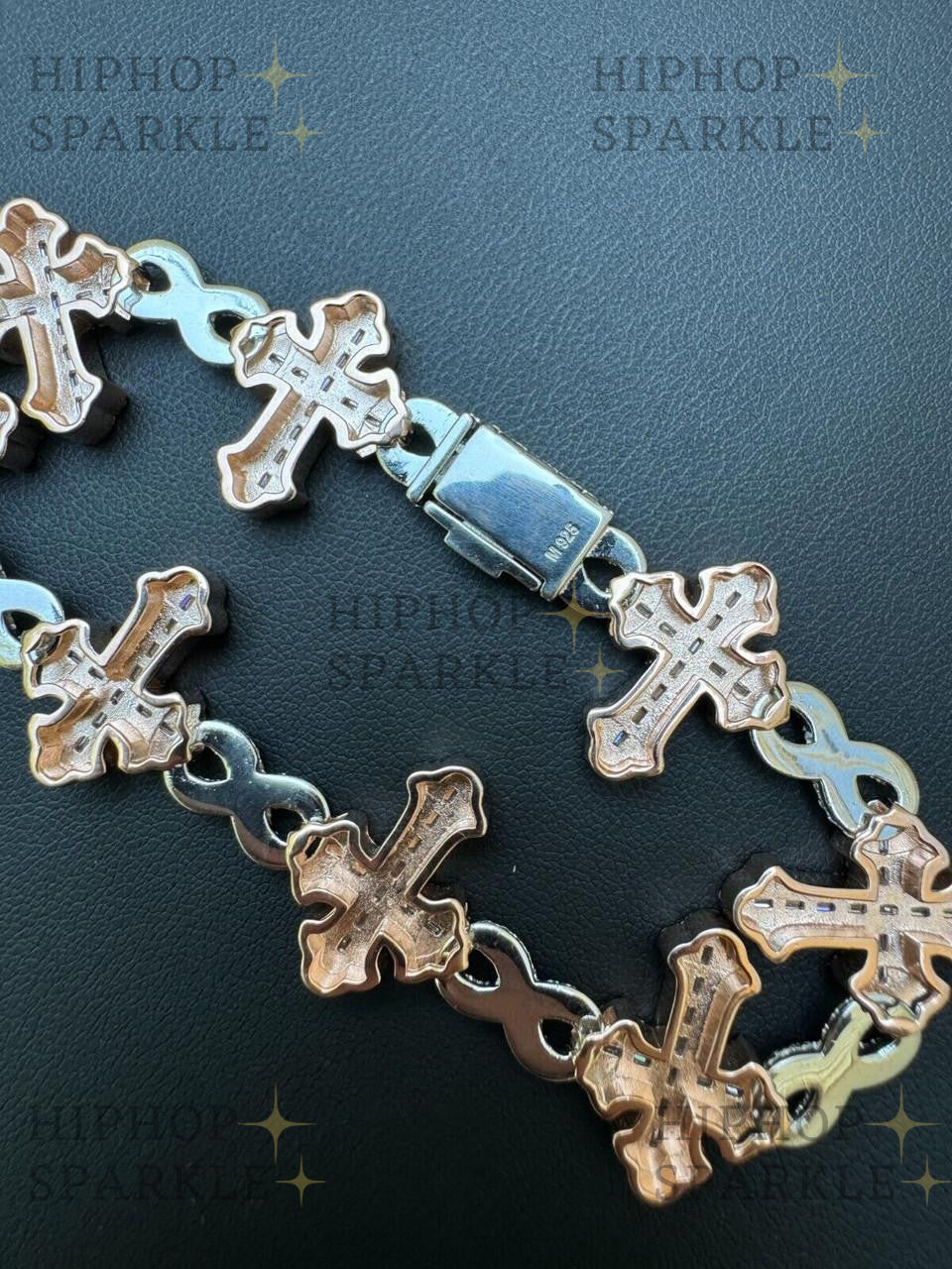 MOISSANITE Eternity Gothic Cross Link Bracelet Iced Out - 14k Rose Gold Vermeil & 925 Silver - 20mm